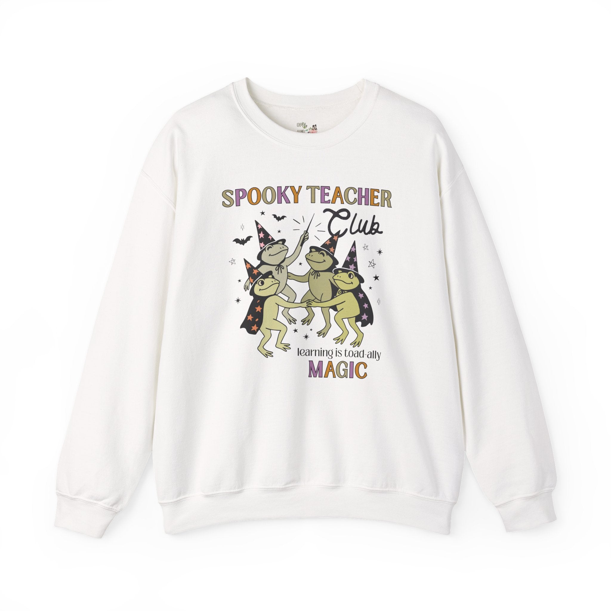 Halloween Teacher Sweatshirt with Cute Witchy Frogs: Learning is Magic! Funny Saying Spooky Season Crewneck with Stars, Magical Animal Lover - Opal and June