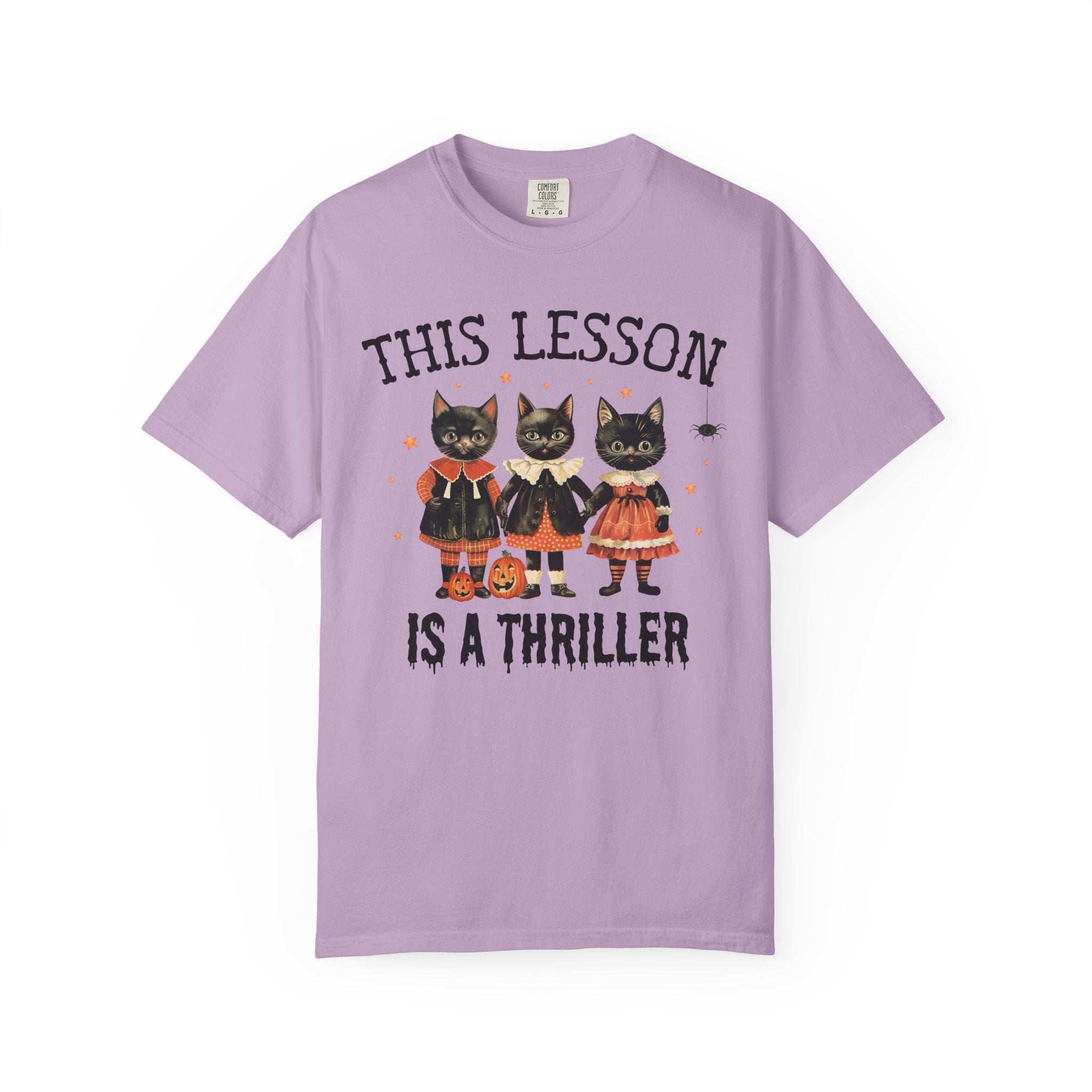 Halloween Teacher Tee Shirt with Cats: This Lesson is a Thriller, Funny High School Teacher T-Shirt for Halloween, Middle School Teacher - Opal and June