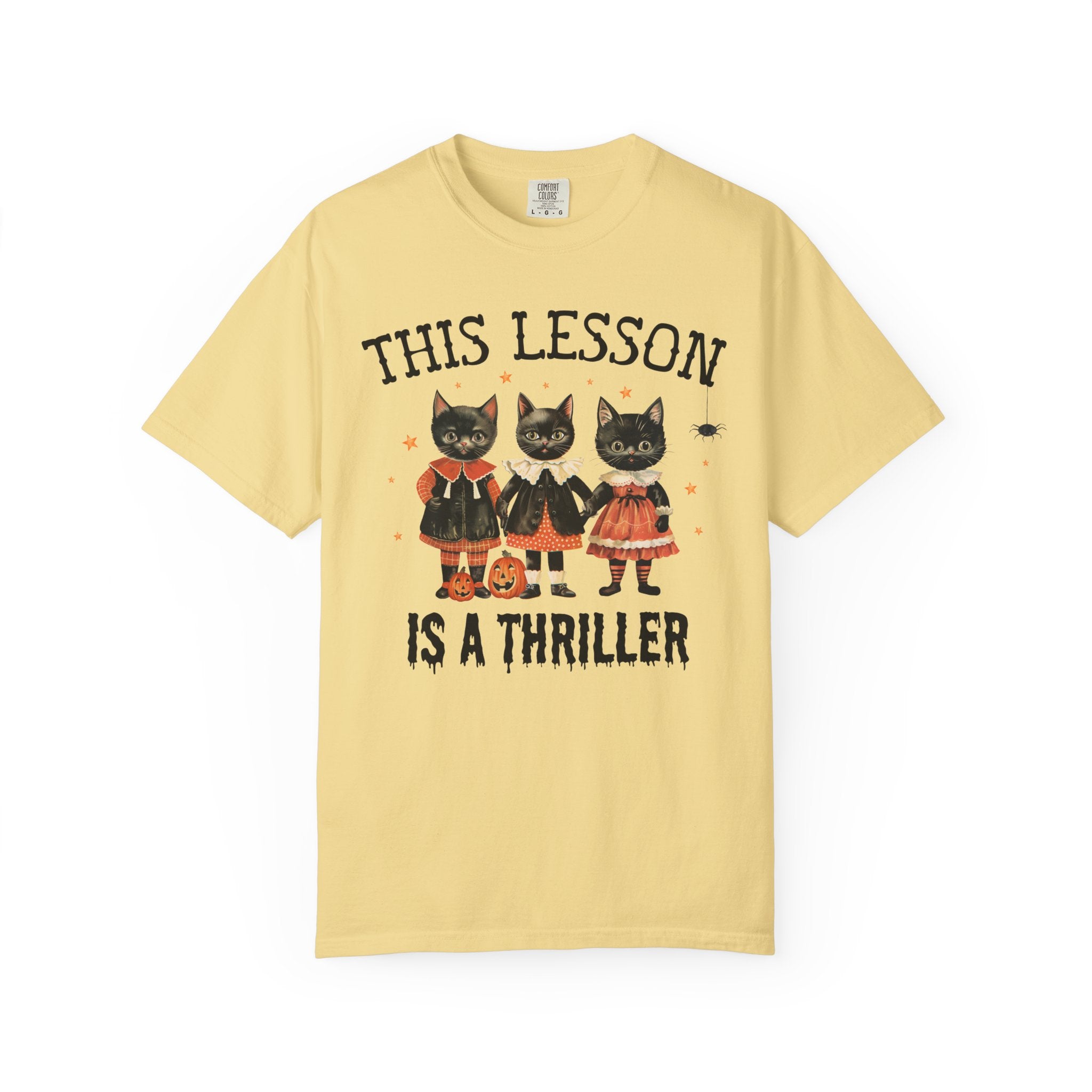 Halloween Teacher Tee Shirt with Cats: This Lesson is a Thriller, Funny High School Teacher T-Shirt for Halloween, Middle School Teacher - Opal and June