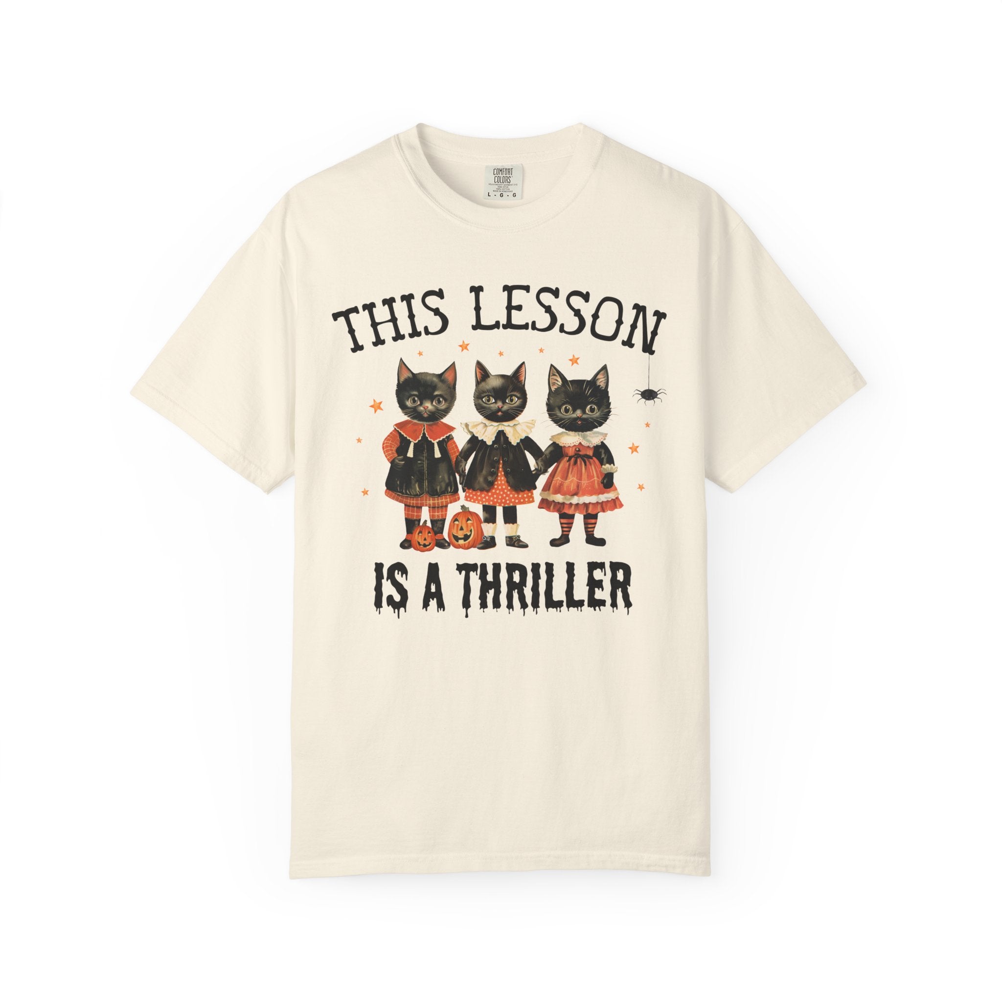Halloween Teacher Tee Shirt with Cats: This Lesson is a Thriller, Funny High School Teacher T-Shirt for Halloween, Middle School Teacher - Opal and June
