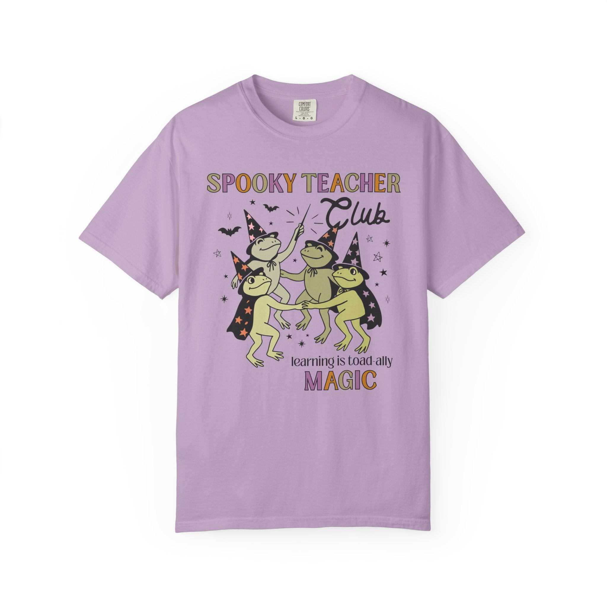 Halloween Teacher Tee Shirt with Cute Witchy Frogs: Learning is Magic! Funny Saying Spooky Season T-Shirt with Stars, Magical Animal Lover - Opal and June