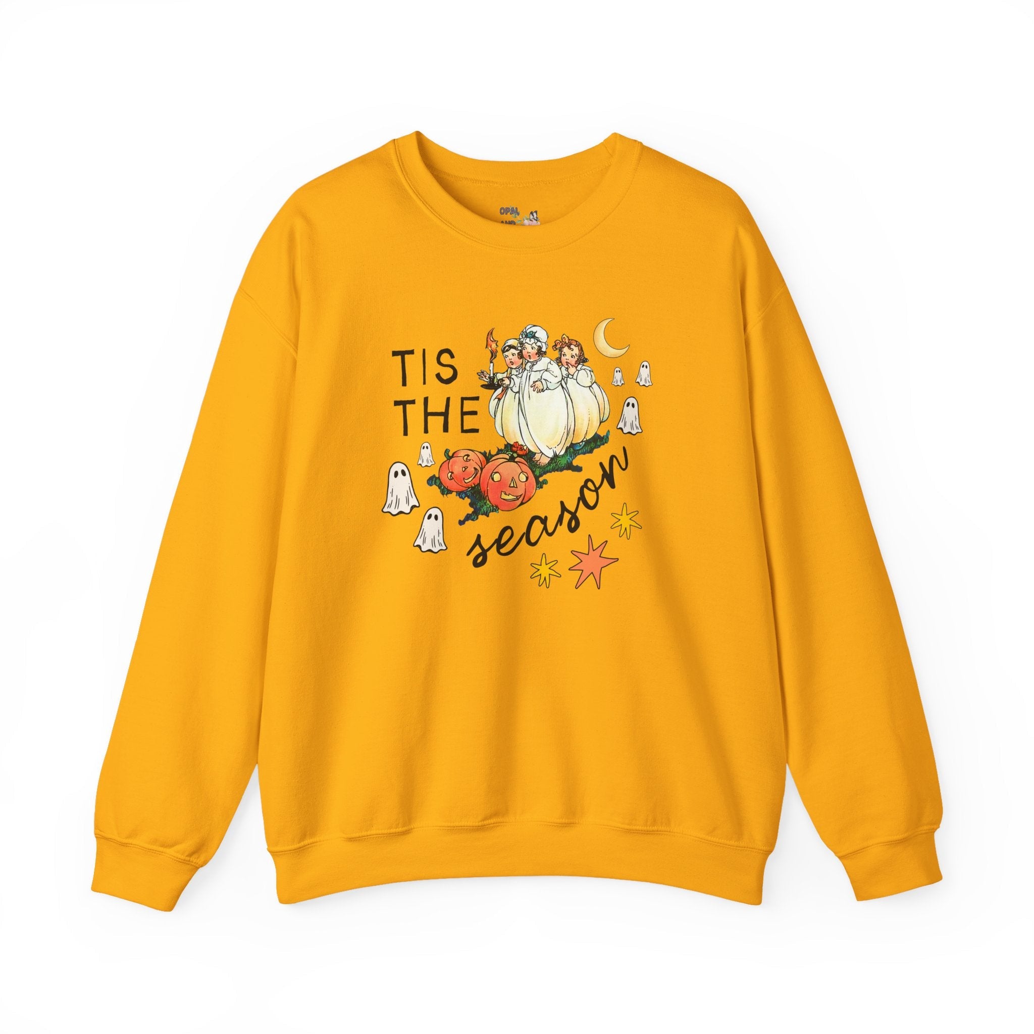 Halloween Tis the Season Sweatshirt with Vintage Aesthetic Illustration: Colorful Nostalgic Halloween Lover Crewneck with Ghosts, Spooky Season - Opal and June