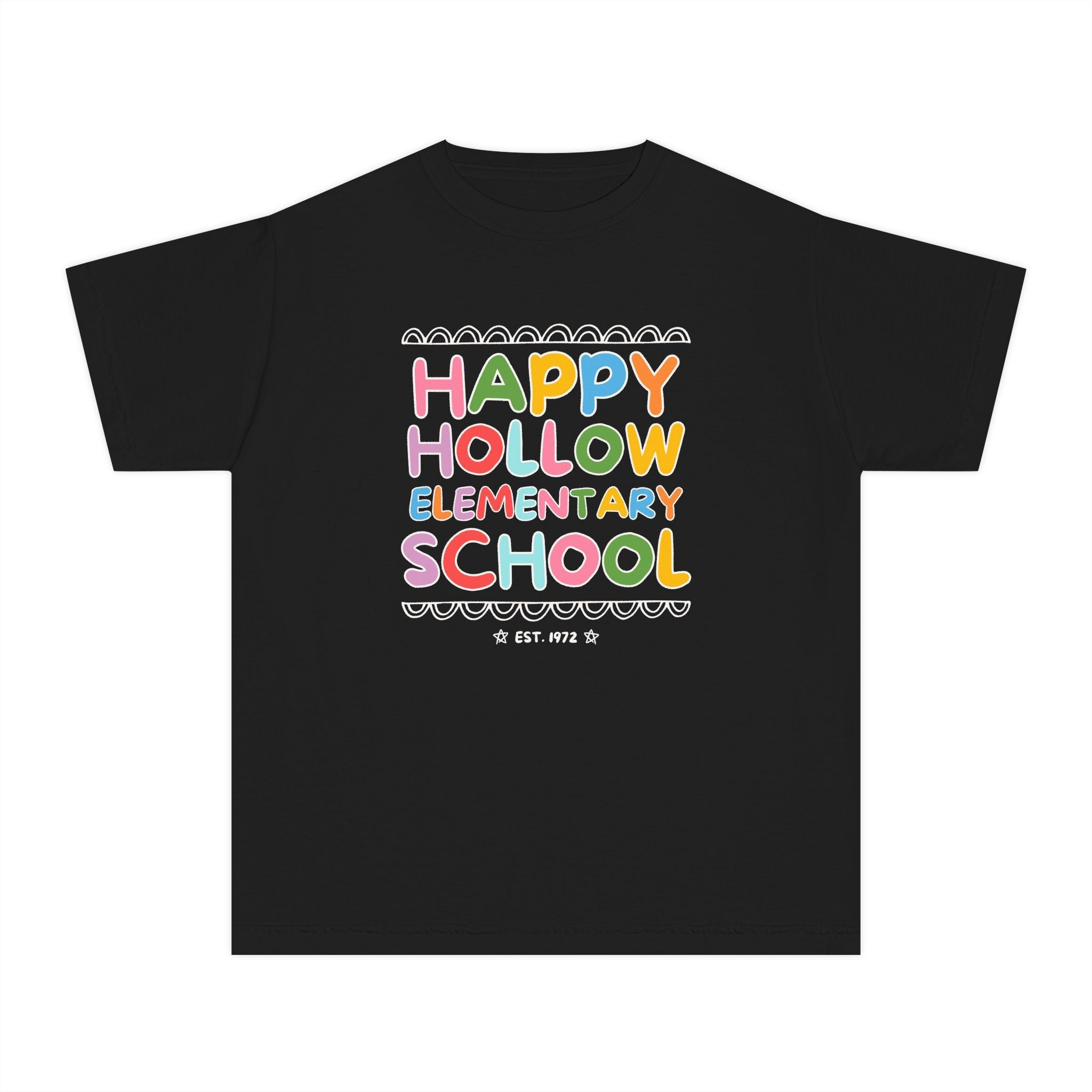 Happy Hollow Elementary Kids Tee Shirt: Rainbow Letters - Opal and June