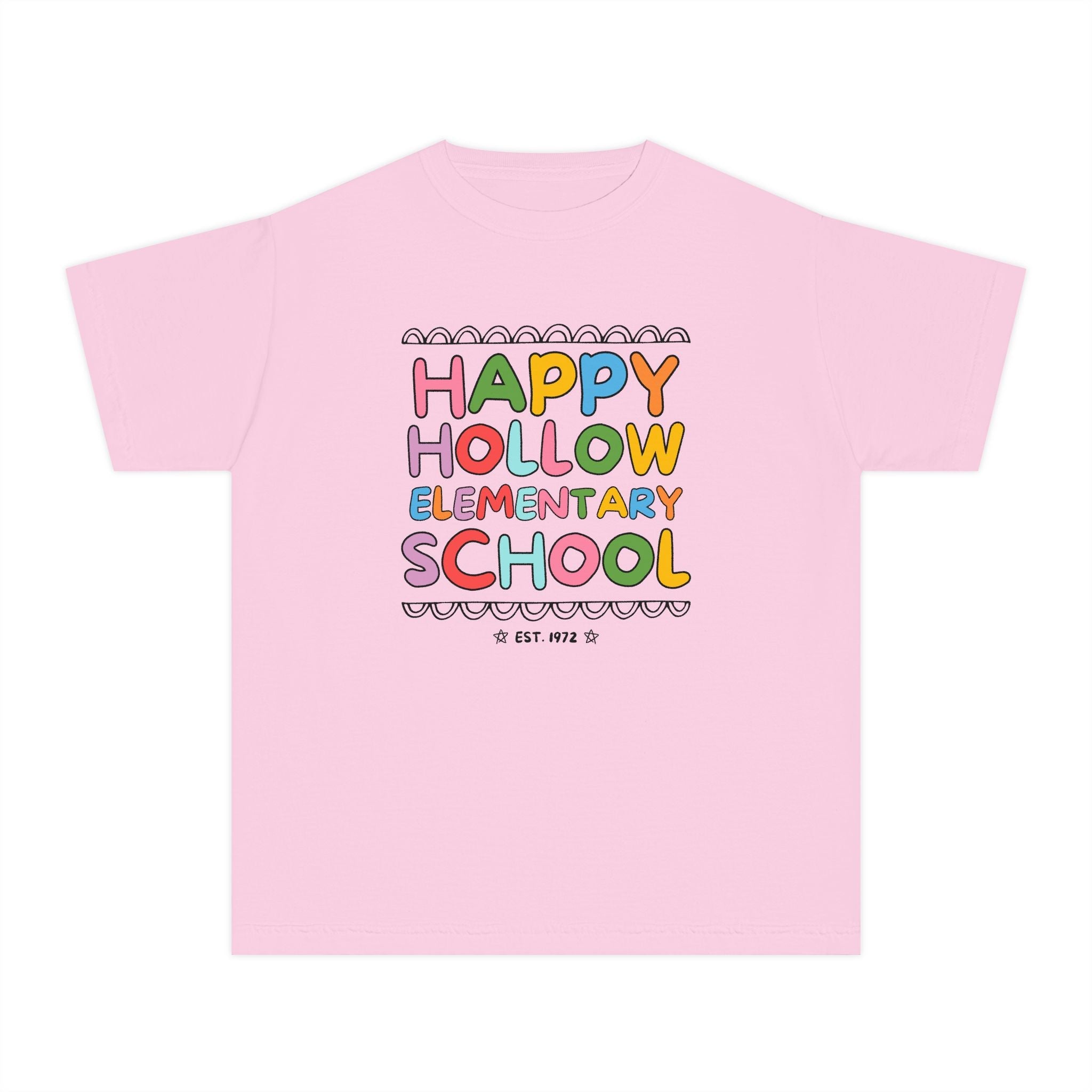 Happy Hollow Elementary Kids Tee Shirt: Rainbow Letters - Opal and June