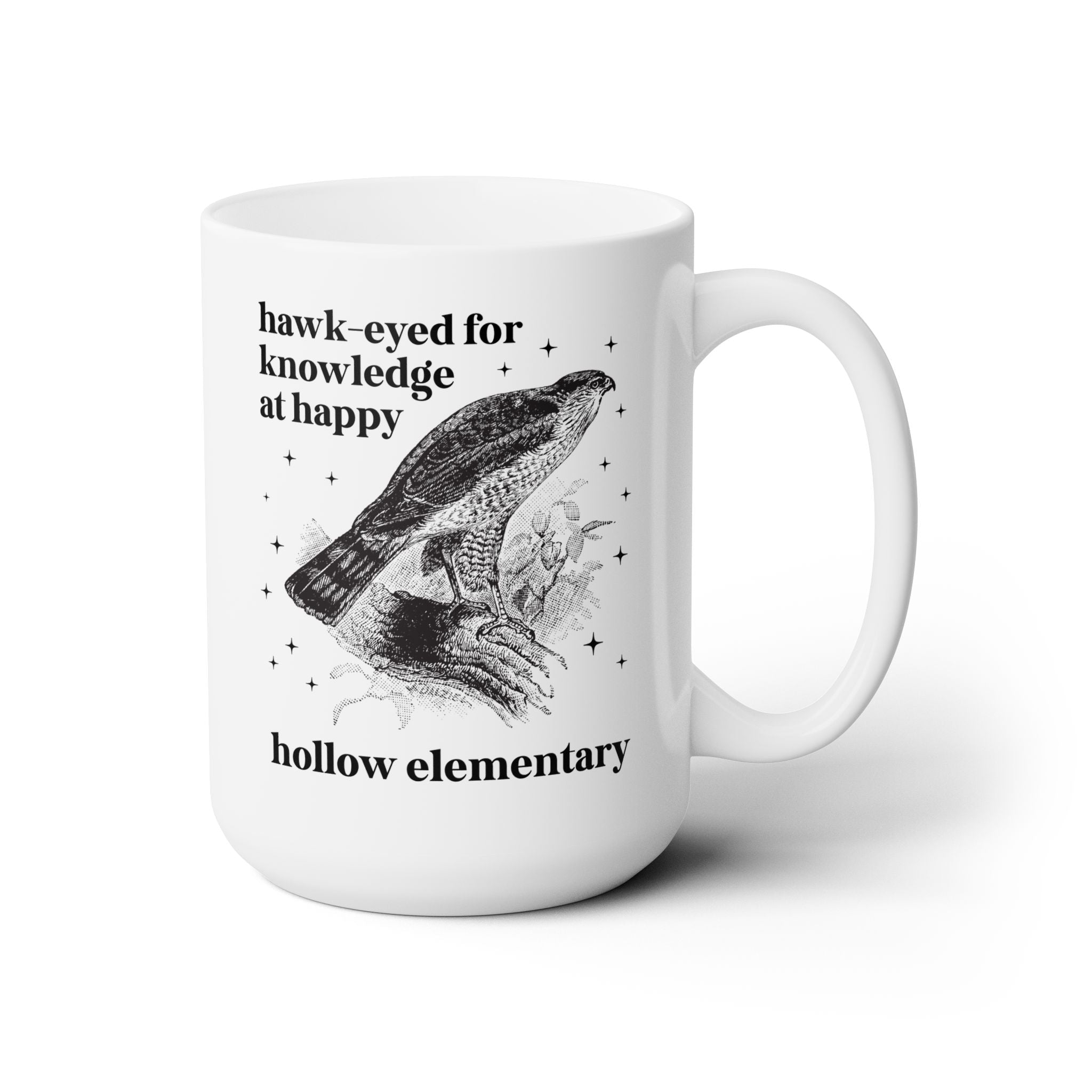 Happy Hollow Elementary School 15 Oz Coffee mug: Hawk Eyed for Knowledge | FPS + Opal and June Coffee Mug, Fayetteville Public Schools - Opal and June