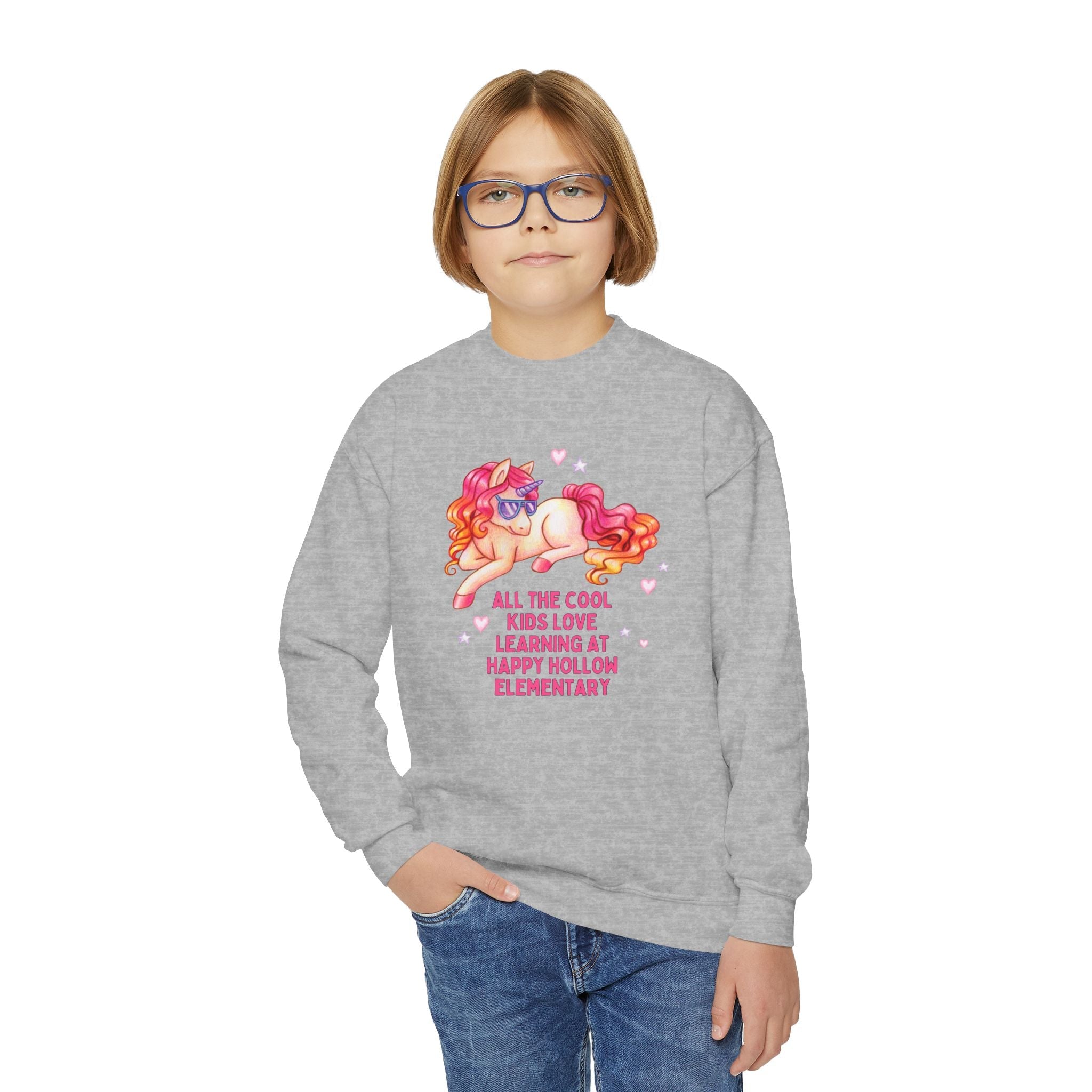 Happy Hollow Elementary School Kids Sweatshirt: Cool Kids Unicorn | FPS + Opal and June Sweatshirt, Fayetteville Public Schools - Opal and June