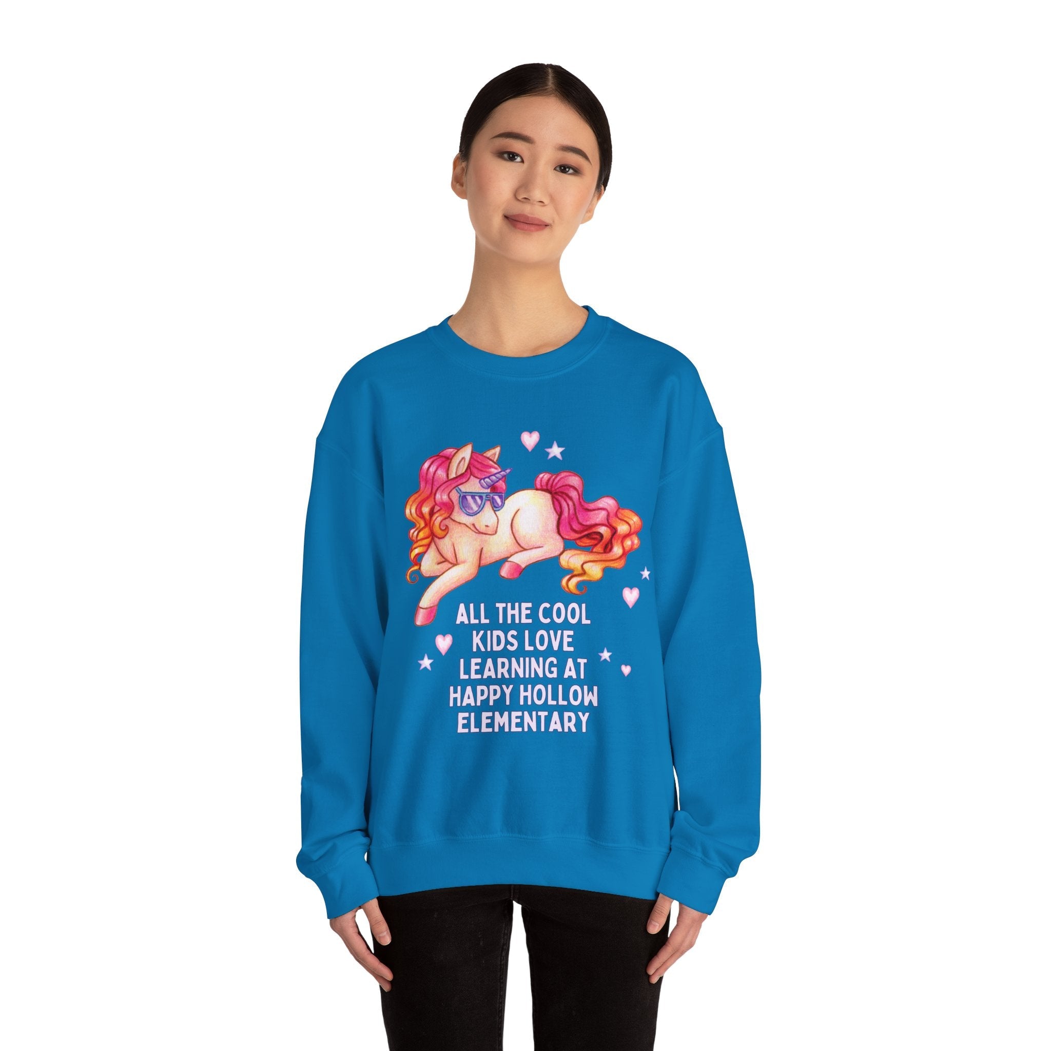 Happy Hollow Elementary School Sweatshirt: Cool Kids Unicorn | FPS + Opal and June Sweatshirt, Fayetteville Public Schools - Opal and June