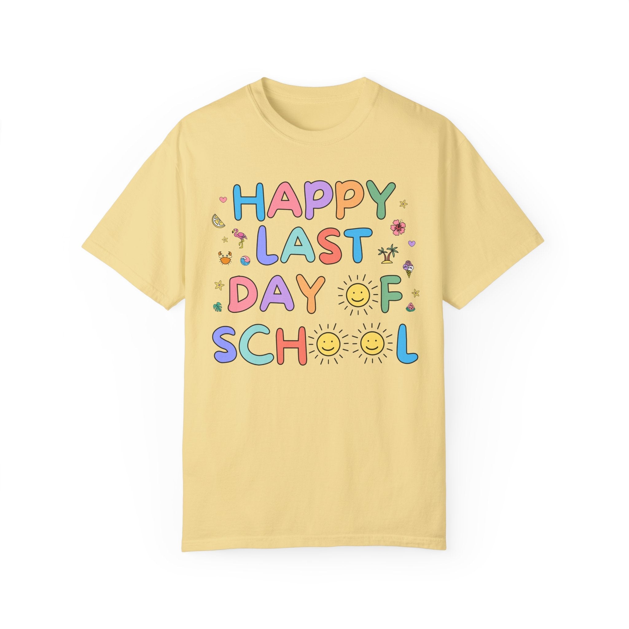 Happy Last Day of School T-Shirt for School Principal or Front Office Staff, Cute Kindergarten Crew Class Dismissed Tee, Colorful Doodles - Opal and June