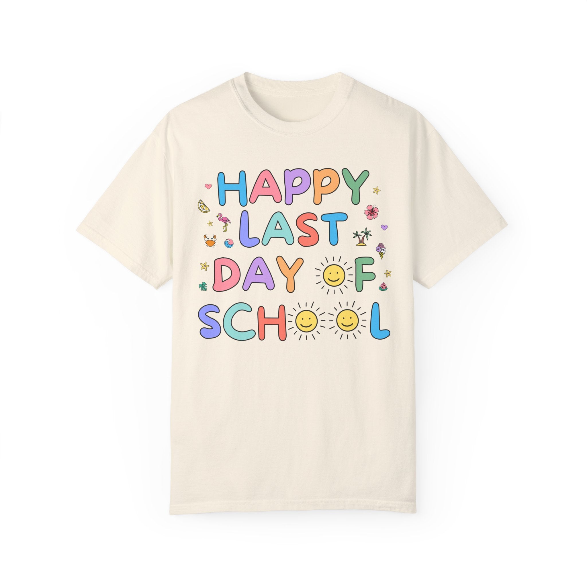 Happy Last Day of School T-Shirt for School Principal or Front Office Staff, Cute Kindergarten Crew Class Dismissed Tee, Colorful Doodles - Opal and June