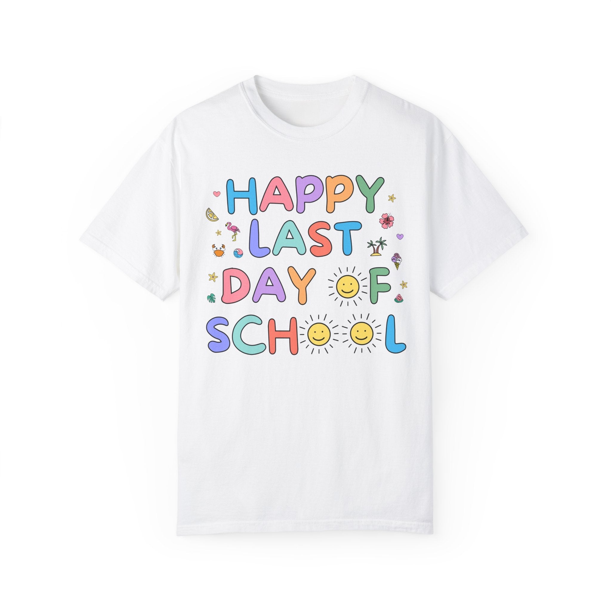 Happy Last Day of School T-Shirt for School Principal or Front Office Staff, Cute Kindergarten Crew Class Dismissed Tee, Colorful Doodles - Opal and June