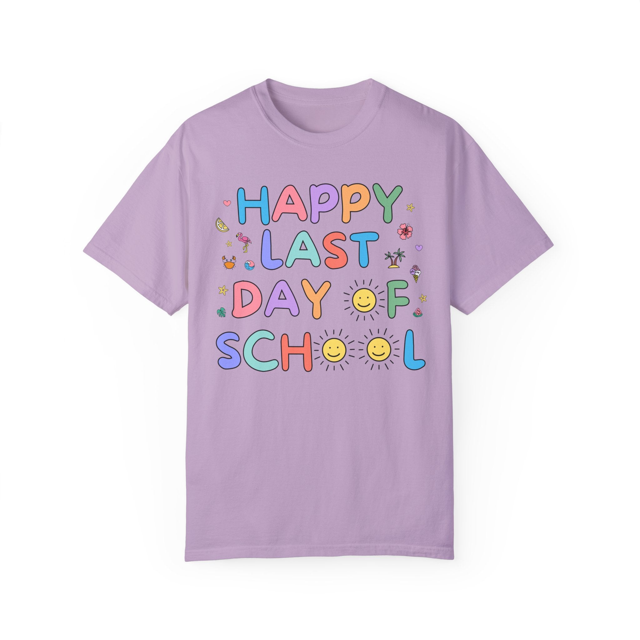 Happy Last Day of School T-Shirt for School Principal or Front Office Staff, Cute Kindergarten Crew Class Dismissed Tee, Colorful Doodles - Opal and June
