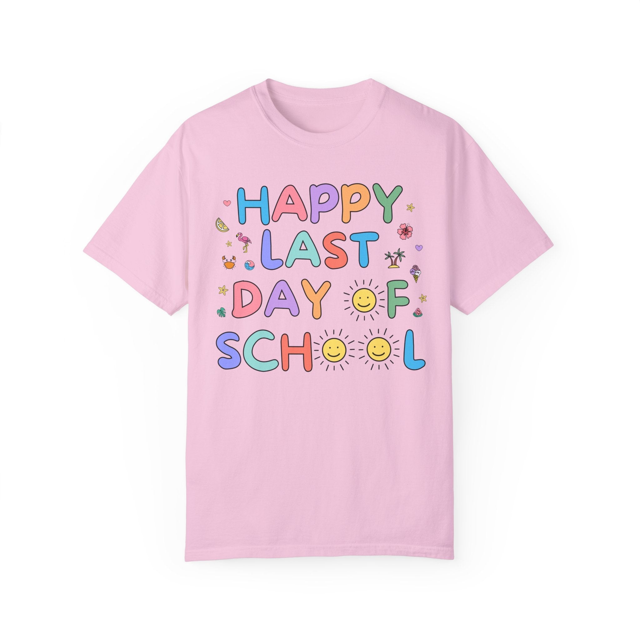Happy Last Day of School T-Shirt for School Principal or Front Office Staff, Cute Kindergarten Crew Class Dismissed Tee, Colorful Doodles - Opal and June