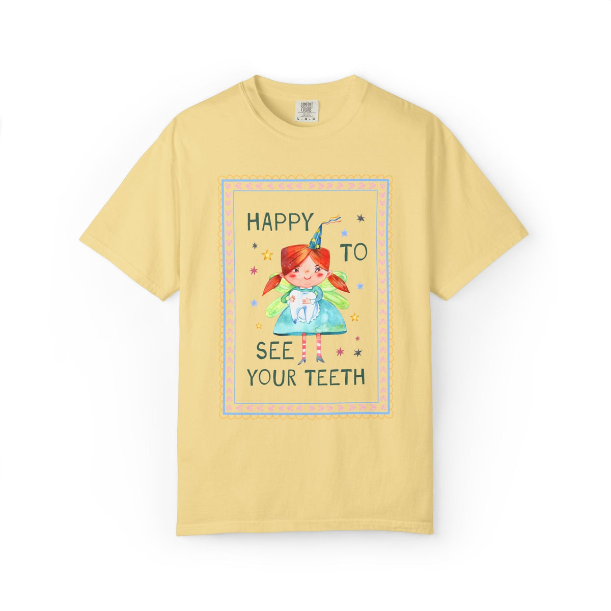 Happy to See Your Teeth: Funny Dentist or Dental Assistant T-Shirt with Tooth Fairy Holding a Tooth, Silly New Dentist Tee with Stars - Opal and June
