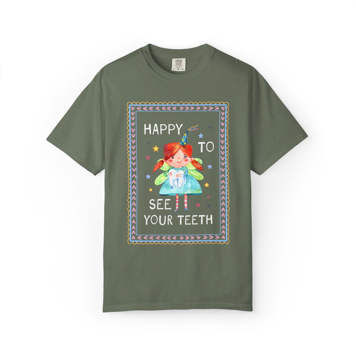 Happy to See Your Teeth: Funny Dentist or Dental Assistant T-Shirt with Tooth Fairy Holding a Tooth, Silly New Dentist Tee with Stars - Opal and June