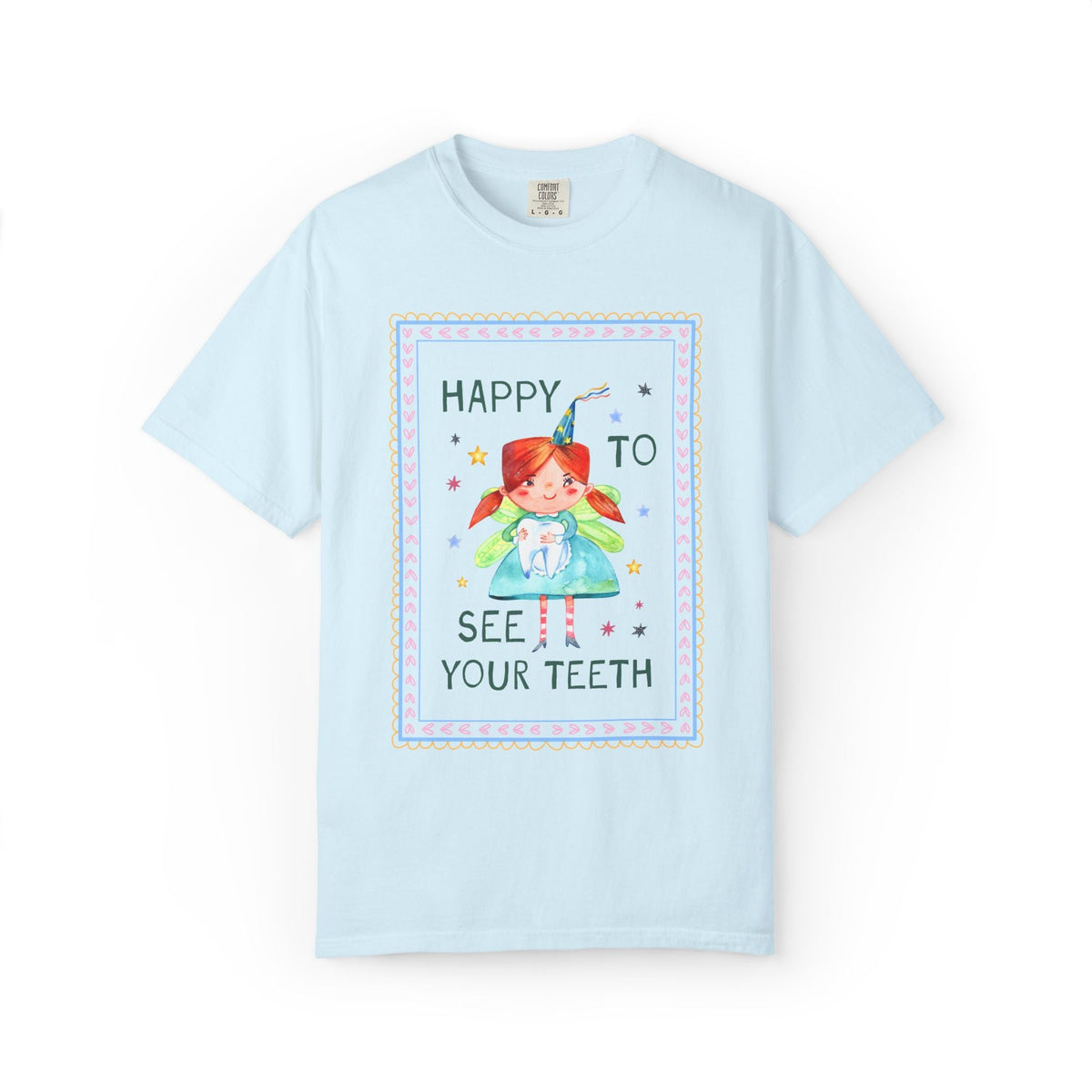 Happy to See Your Teeth: Funny Dentist or Dental Assistant T-Shirt with Tooth Fairy Holding a Tooth, Silly New Dentist Tee with Stars - Opal and June