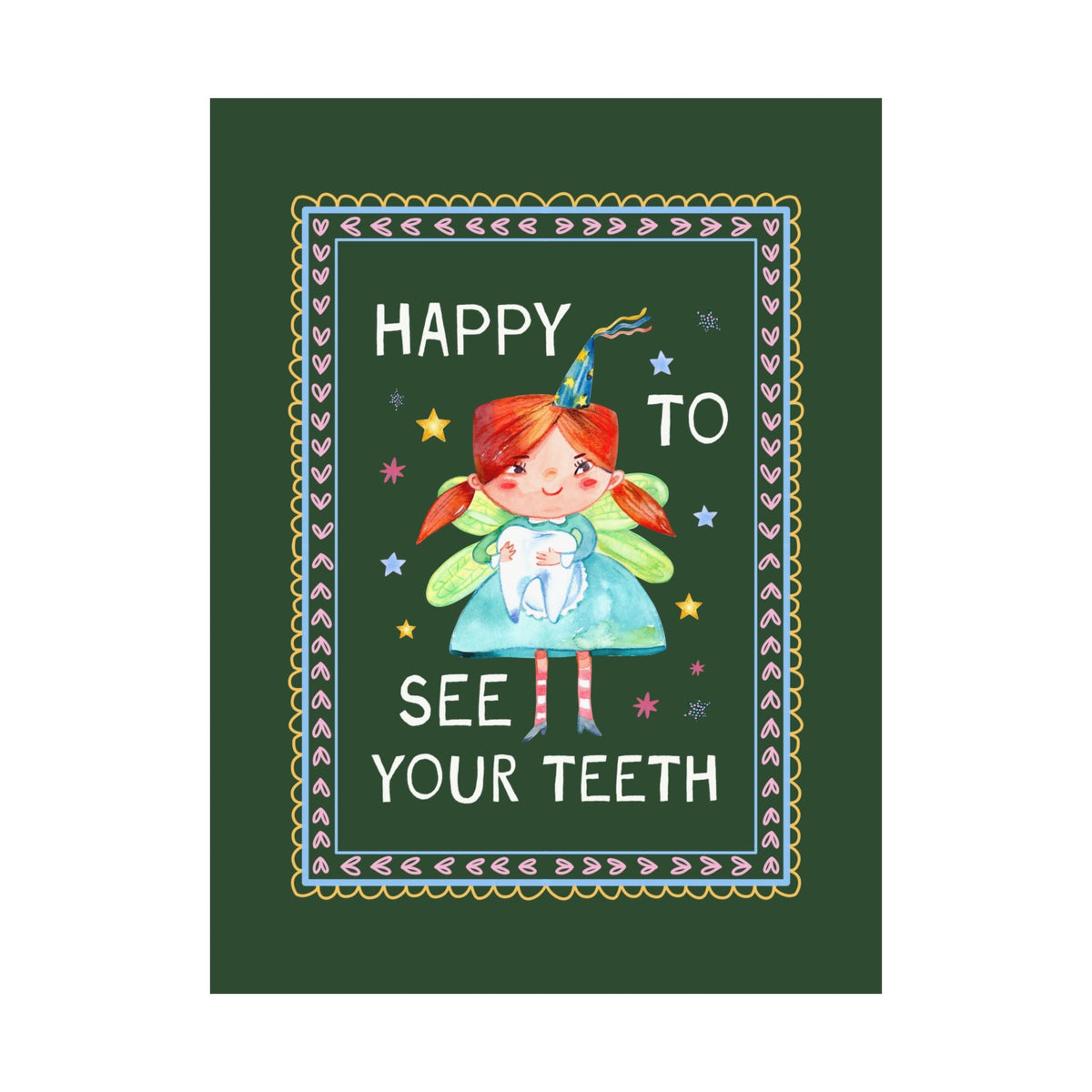 Happy to See Your Teeth: Funny Dentist or Dental Assistant Tote Bag with Tooth Fairy Holding a Tooth, Silly New Dentist Tote with Stars - Opal and June