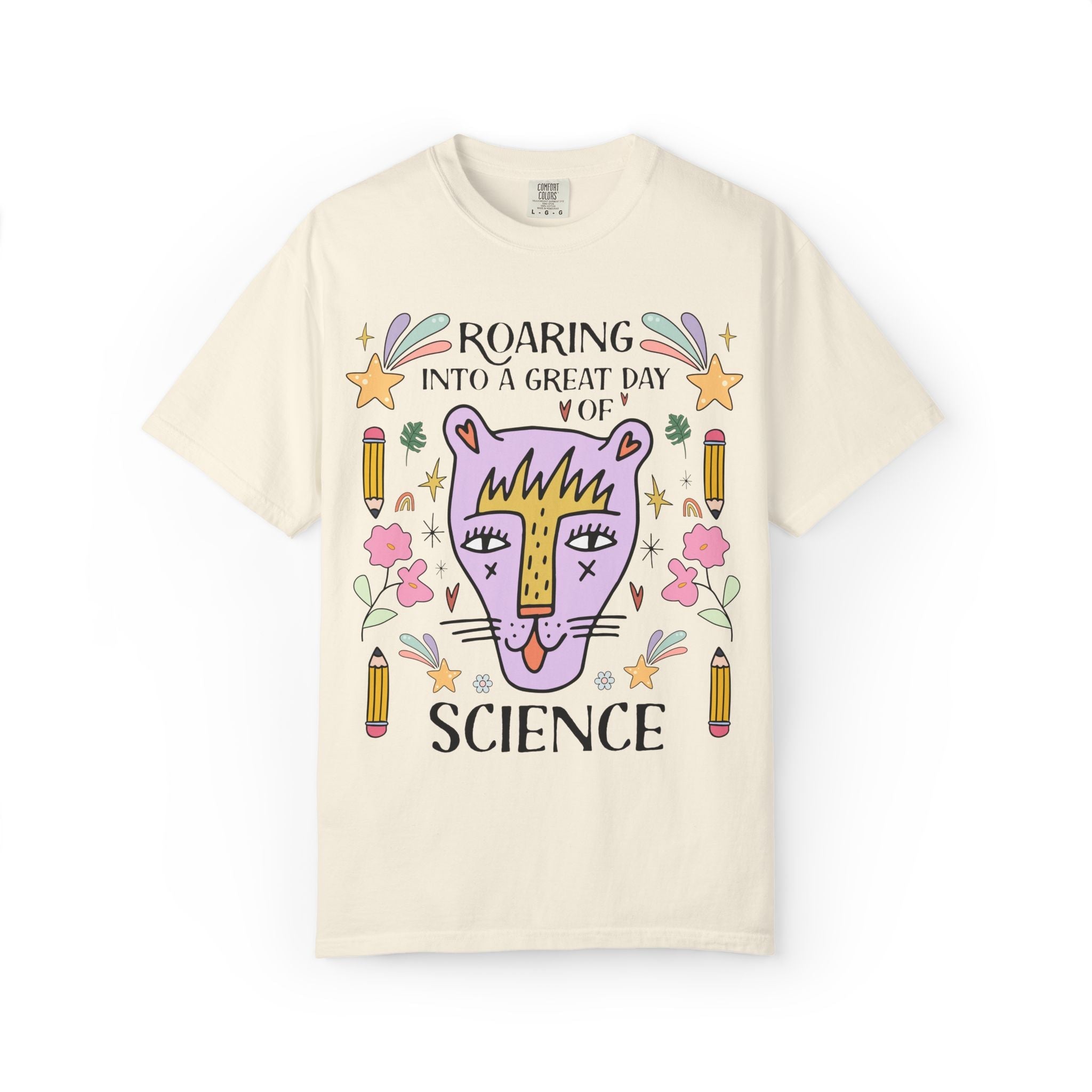 High School Science Teacher Tee: Roaring Into a Great Day of Reading | Cute Matching Teacher or School Office Staff Tee, Pencils and Flowers - Opal and June