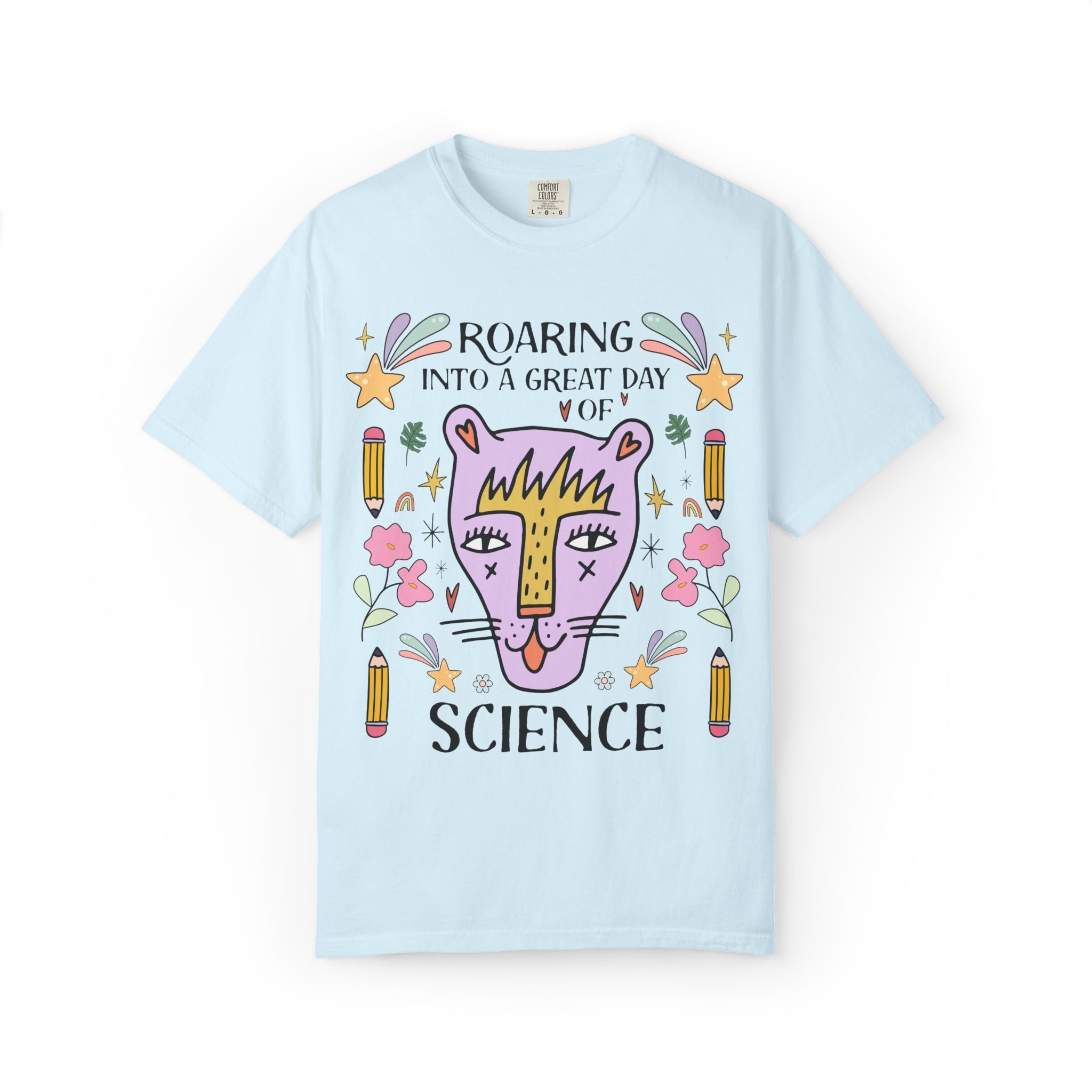 High School Science Teacher Tee: Roaring Into a Great Day of Reading | Cute Matching Teacher or School Office Staff Tee, Pencils and Flowers - Opal and June