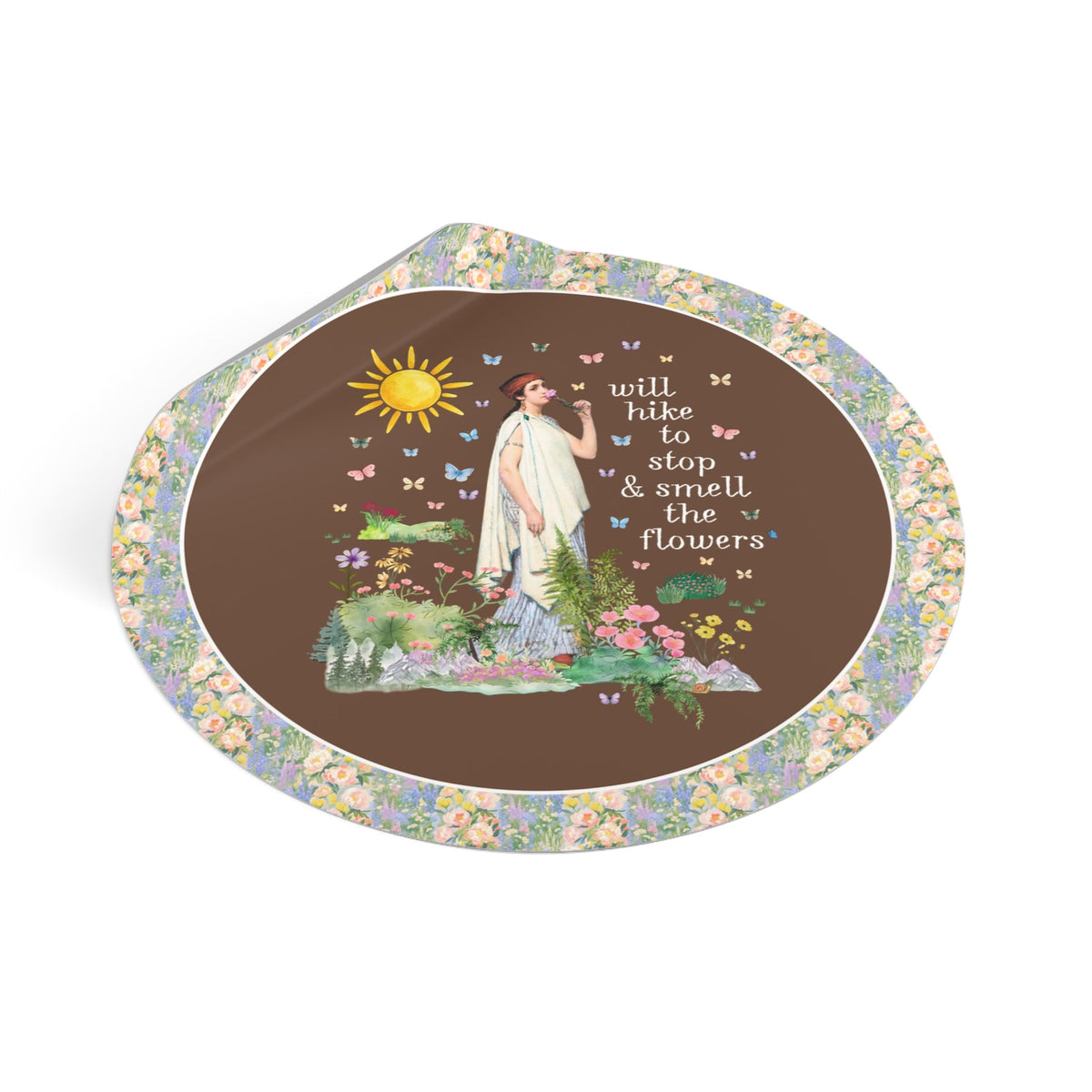 Hiking Art History Sticker: Will Hike to Stop and Smell the Flowers, Funny Goblincore Hikinng Lover Sticker for Nature Lover or Gardener - Opal and June
