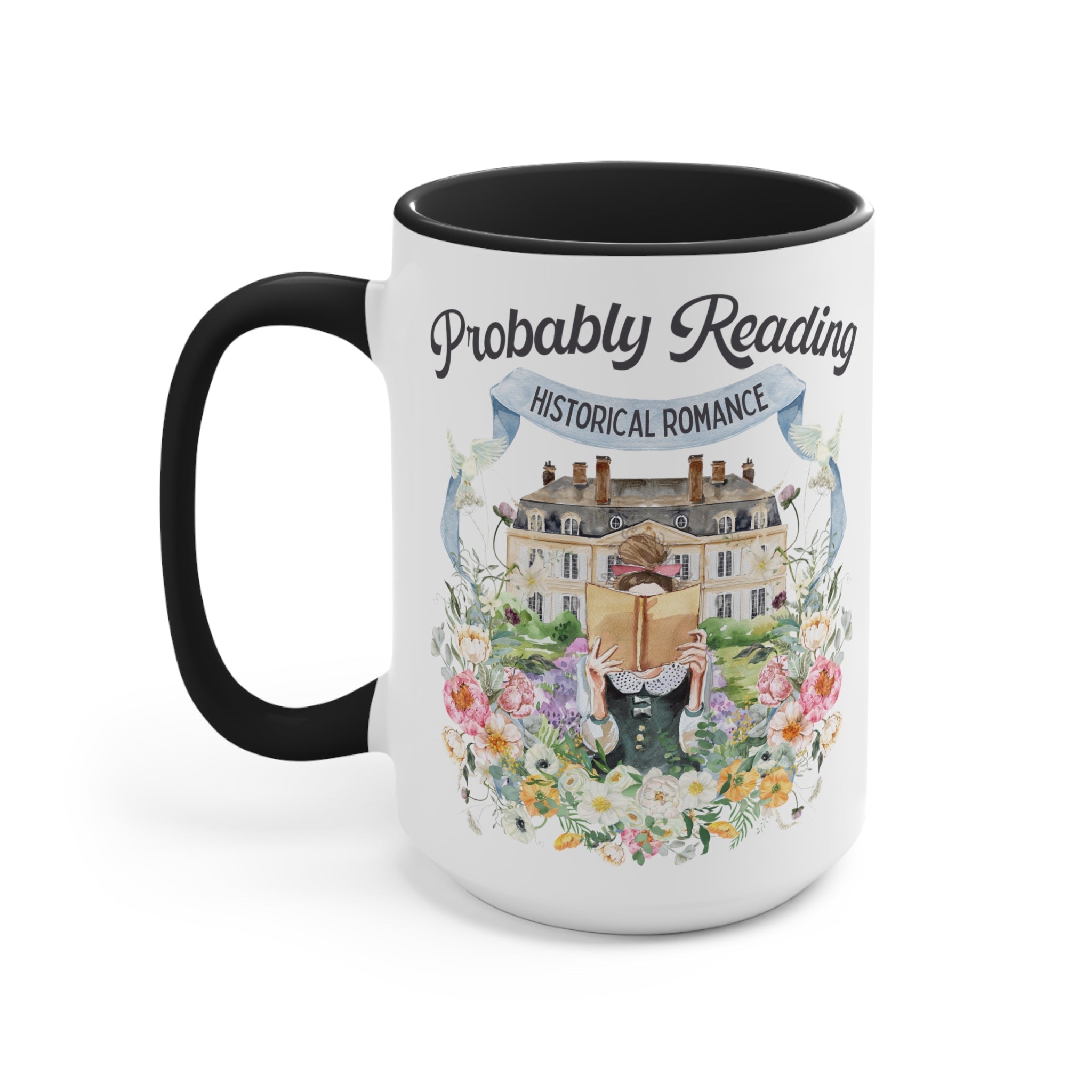 Historical Romance Coffee Mug: 15 Oz Bookish Mug with Cottagecore Flowers and Doves - Opal and June