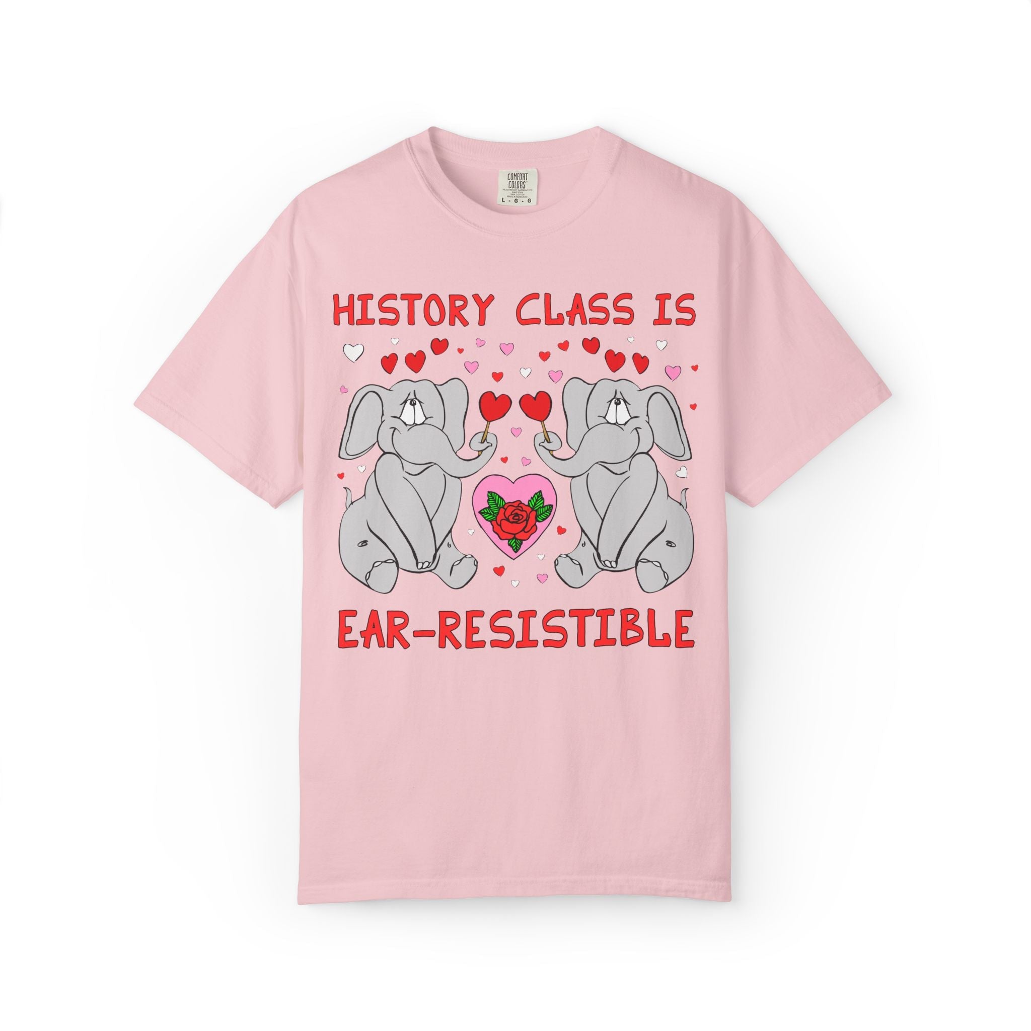 History Class is Ear-Resistible! Valentine's Day Teacher Tee: Funny Animal Lover T-Shirt with Elephant and Hearts, Cute Matching Teacher Tee - Opal and June