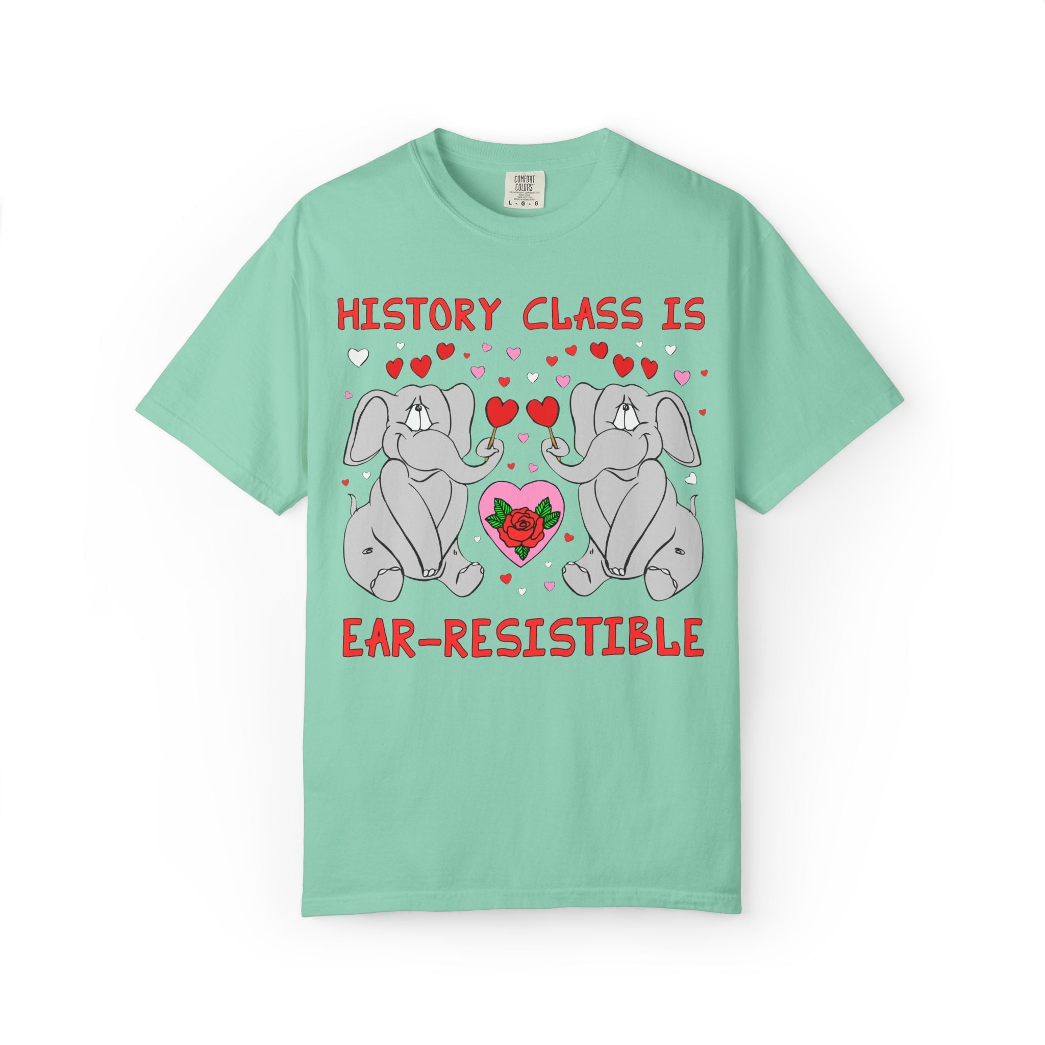 History Class is Ear-Resistible! Valentine's Day Teacher Tee: Funny Animal Lover T-Shirt with Elephant and Hearts, Cute Matching Teacher Tee - Opal and June