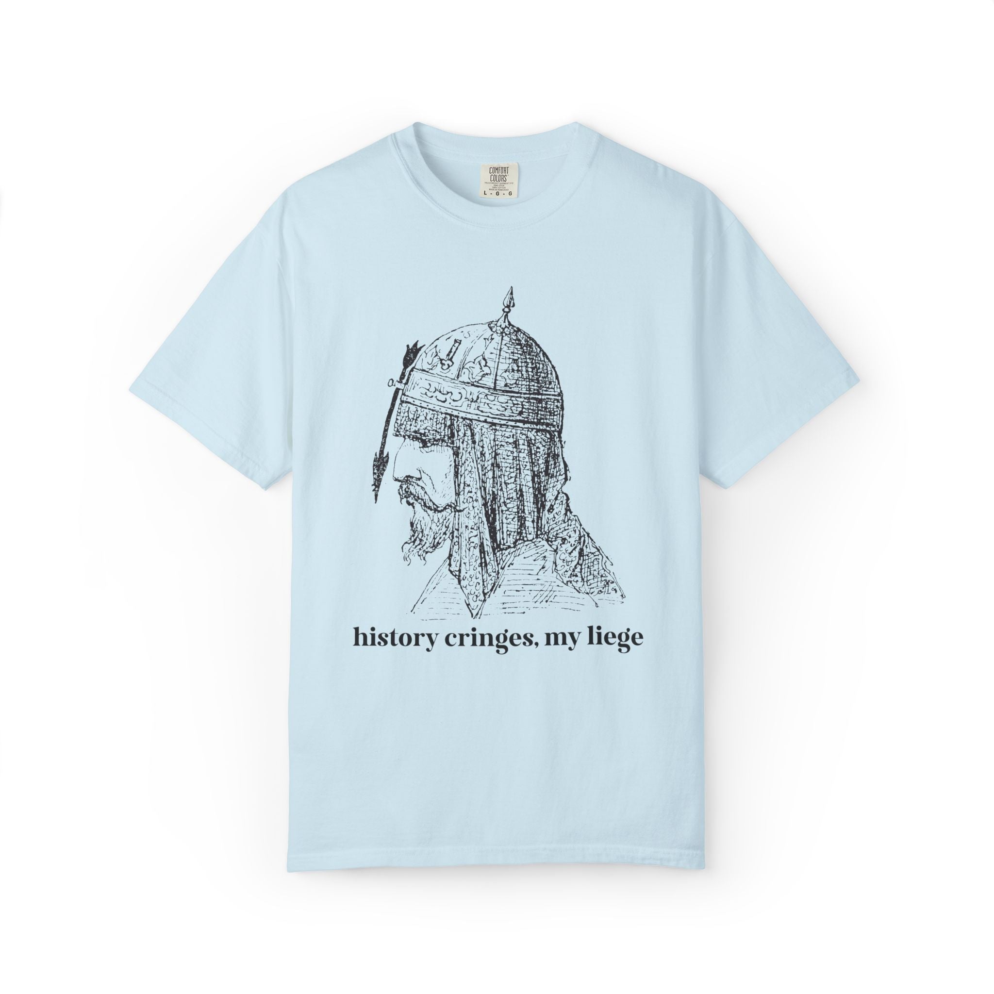 History Cringes My Liege: Funny Sarcastic History Teacher, History Buff T-Shirt with Medieval Knight in Armor, Silly Kitschy Tee for Leftist - Opal and June