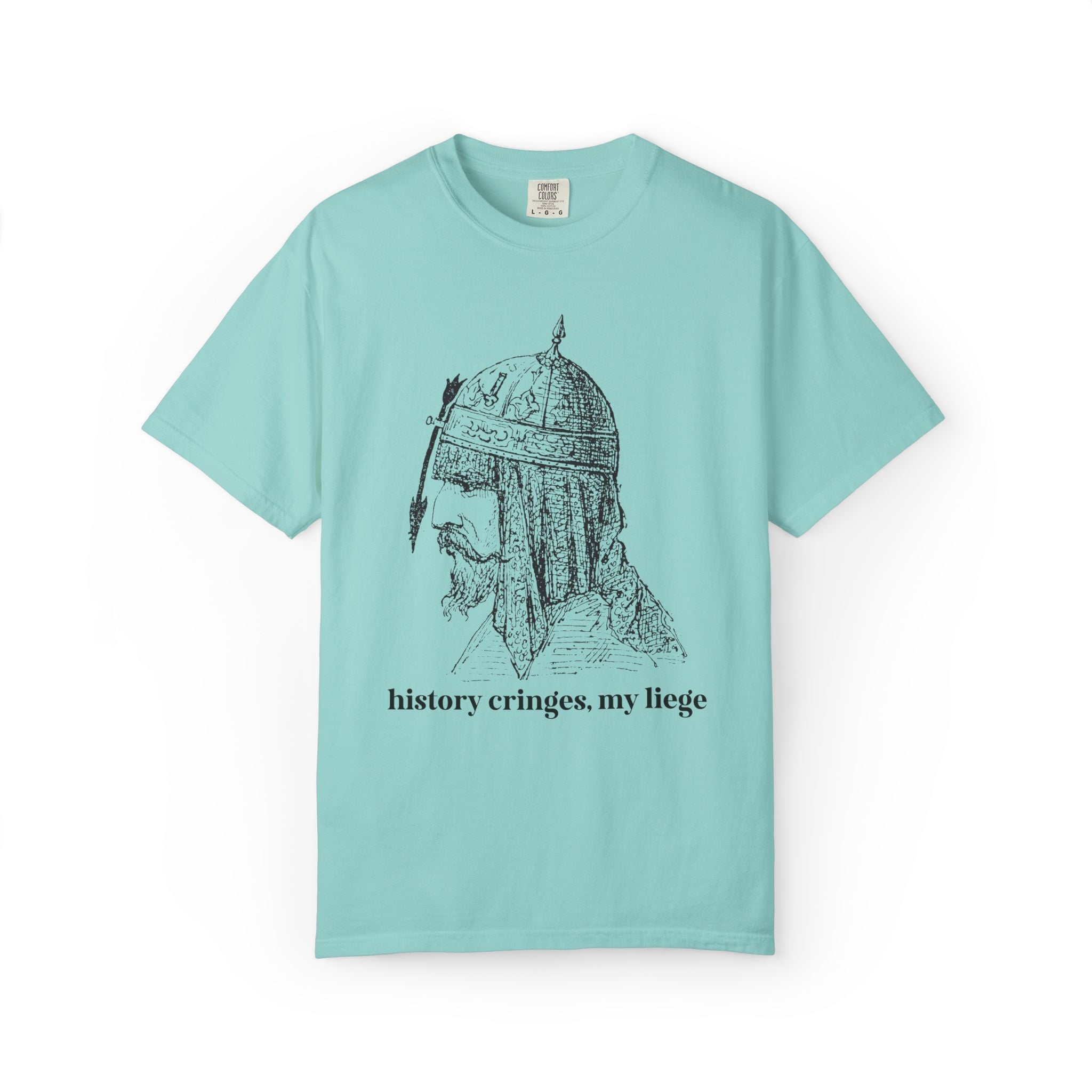History Cringes My Liege: Funny Sarcastic History Teacher, History Buff T-Shirt with Medieval Knight in Armor, Silly Kitschy Tee for Leftist - Opal and June