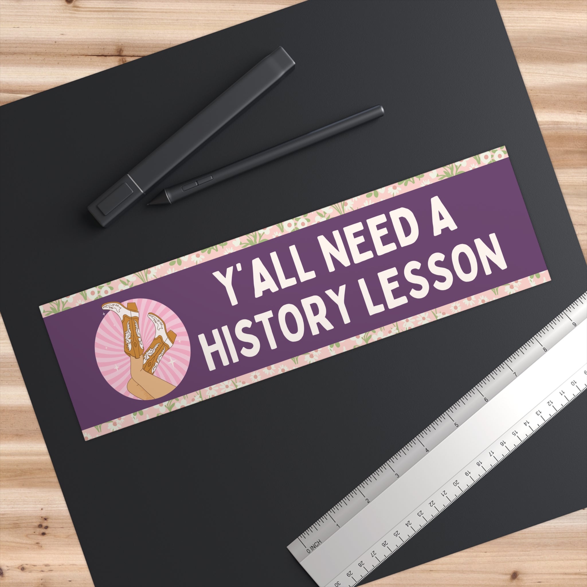 History Teacher Bumper Sticker with Groovy Cowgirl Boots: Y'all Need a History Lesson, Funny Saying Social Studies Teacher Gift with Flowers - Opal and June