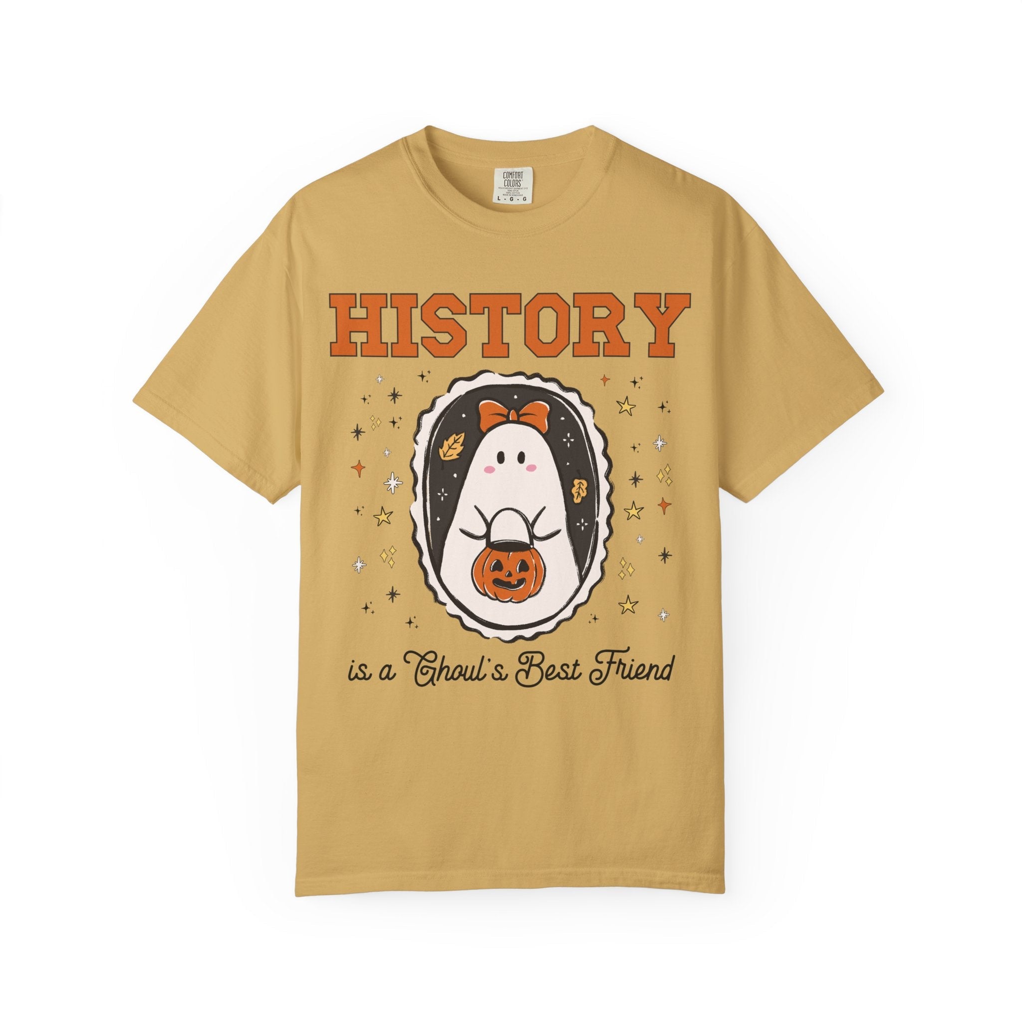 History Teacher Halloween Tee Shirt with Cute Ghost Wearing a Bow, Funny Saying History Buff T-Shirt with Stars, Womens History Lover Gift - Opal and June