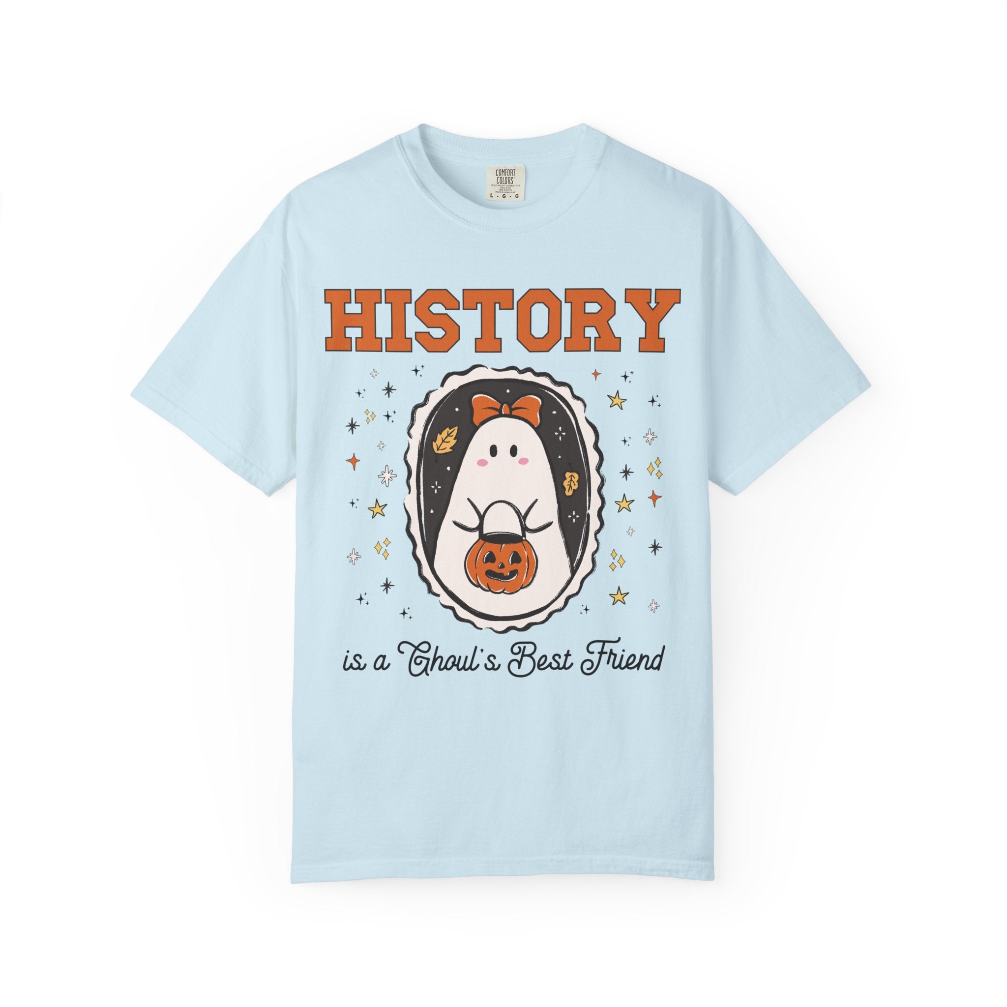 History Teacher Halloween Tee Shirt with Cute Ghost Wearing a Bow, Funny Saying History Buff T-Shirt with Stars, Womens History Lover Gift - Opal and June