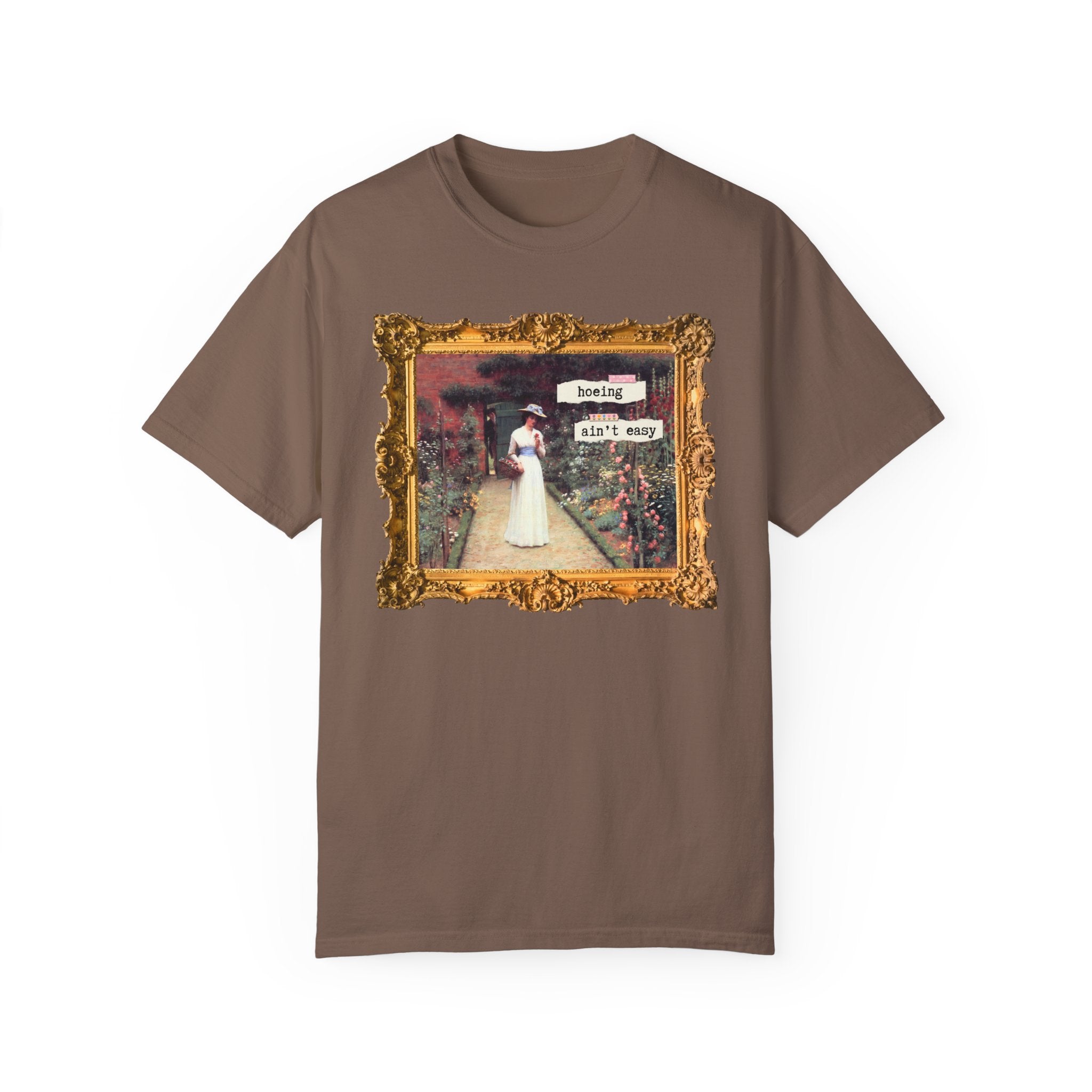 Hoeing Ain't Easy Tee Shirt: Funny Art History T-Shirt for Mom Who Loves 19th Century Art, Flower Gardening, Edmund Blair Leighton Painting - Opal and June