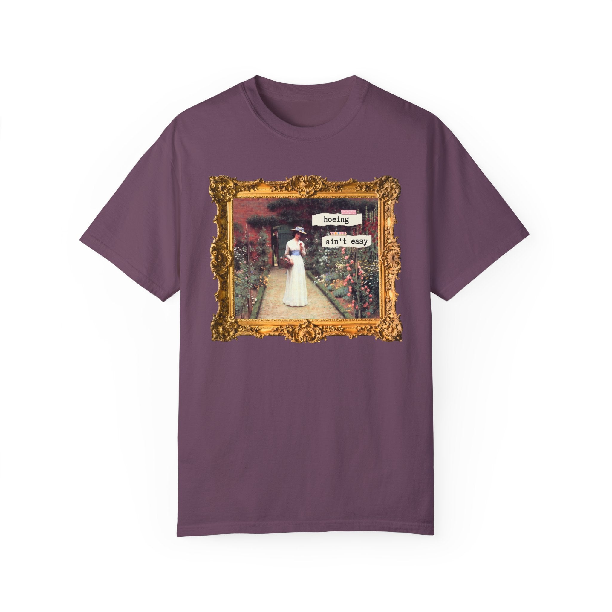 Hoeing Ain't Easy Tee Shirt: Funny Art History T-Shirt for Mom Who Loves 19th Century Art, Flower Gardening, Edmund Blair Leighton Painting - Opal and June