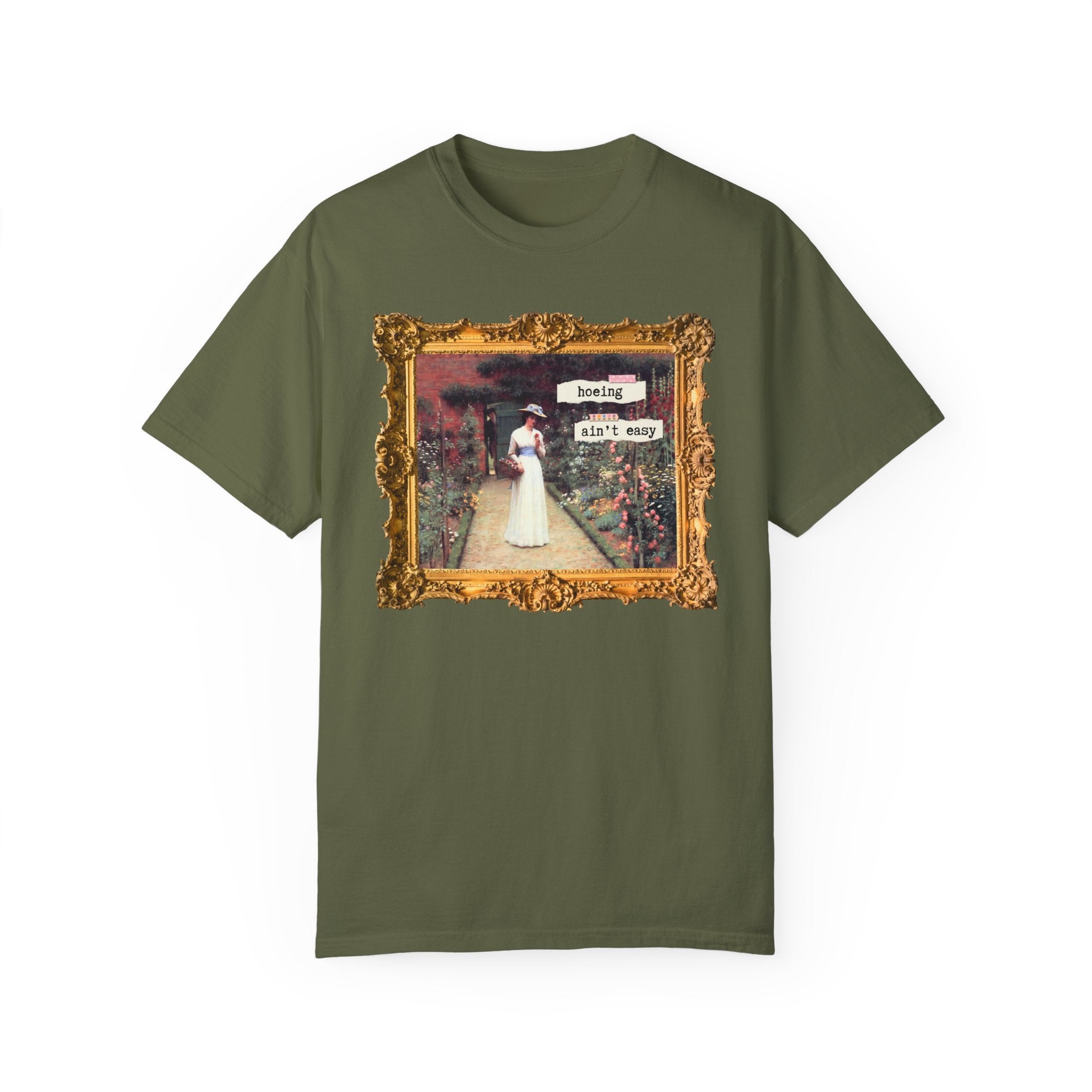 Hoeing Ain't Easy Tee Shirt: Funny Art History T-Shirt for Mom Who Loves 19th Century Art, Flower Gardening, Edmund Blair Leighton Painting - Opal and June