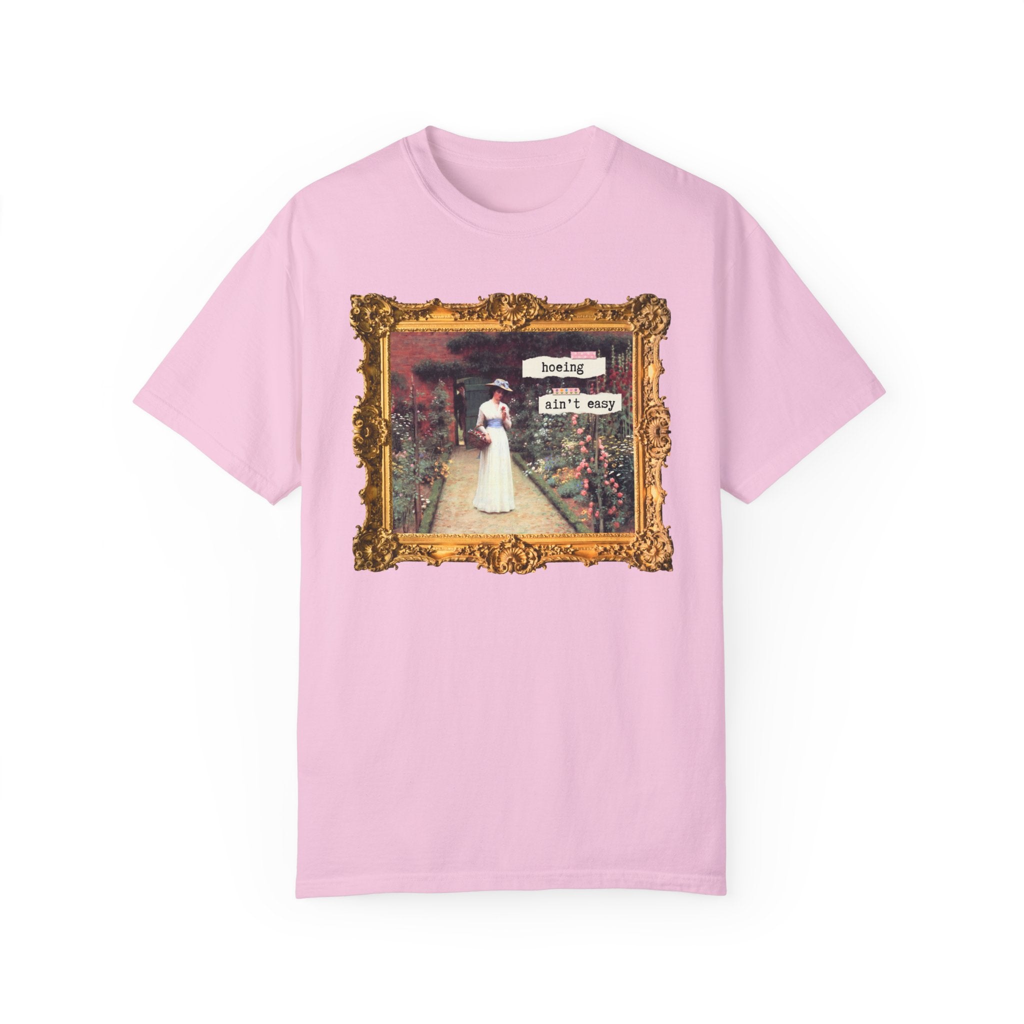 Hoeing Ain't Easy Tee Shirt: Funny Art History T-Shirt for Mom Who Loves 19th Century Art, Flower Gardening, Edmund Blair Leighton Painting - Opal and June
