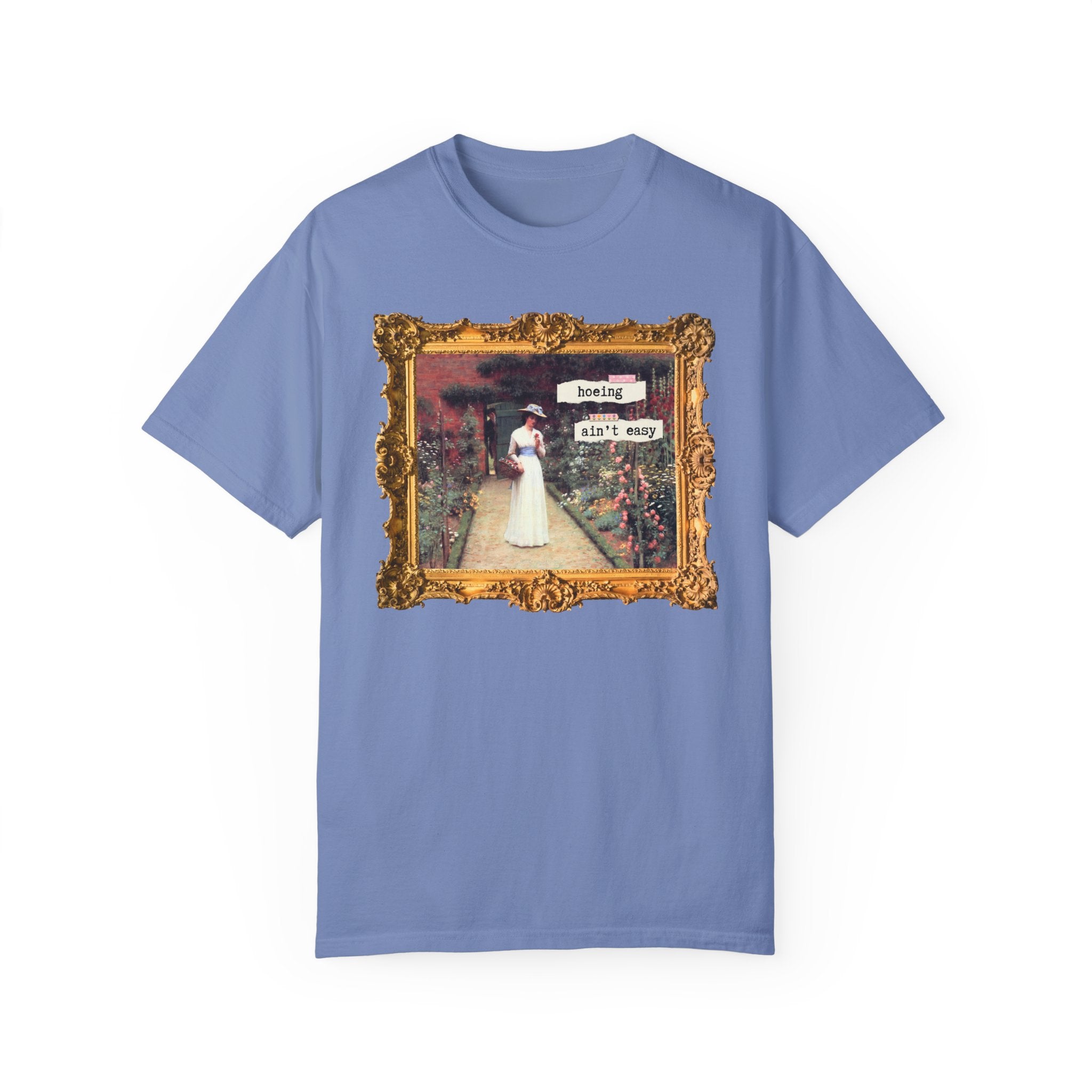 Hoeing Ain't Easy Tee Shirt: Funny Art History T-Shirt for Mom Who Loves 19th Century Art, Flower Gardening, Edmund Blair Leighton Painting - Opal and June