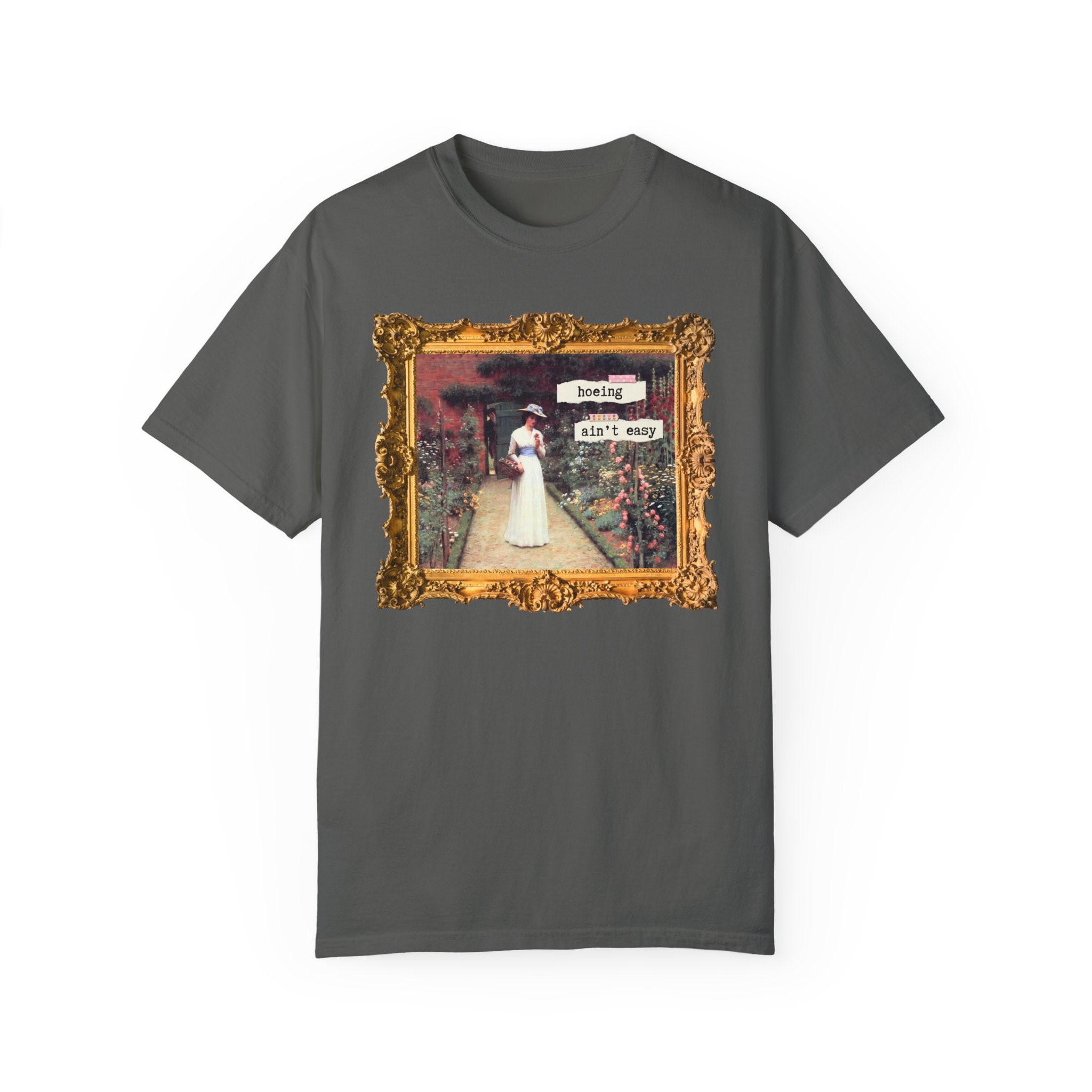 Hoeing Ain't Easy Tee Shirt: Funny Art History T-Shirt for Mom Who Loves 19th Century Art, Flower Gardening, Edmund Blair Leighton Painting - Opal and June
