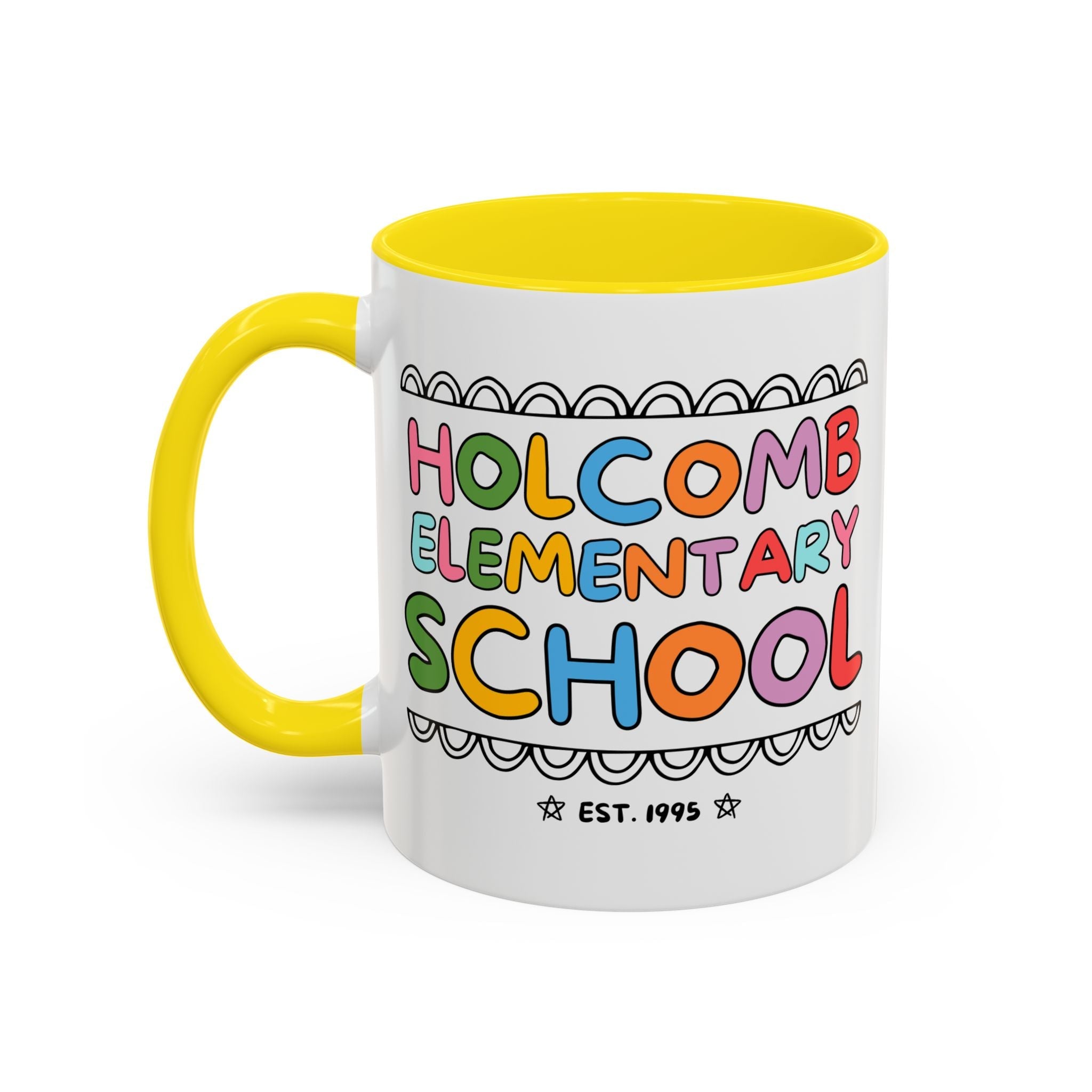 Holcomb Elementary School Coffee Mug: Rainbow Letters | FPS + Opal and June 11 Oz Coffee Mug, Fayetteville Public Schools - Opal and June