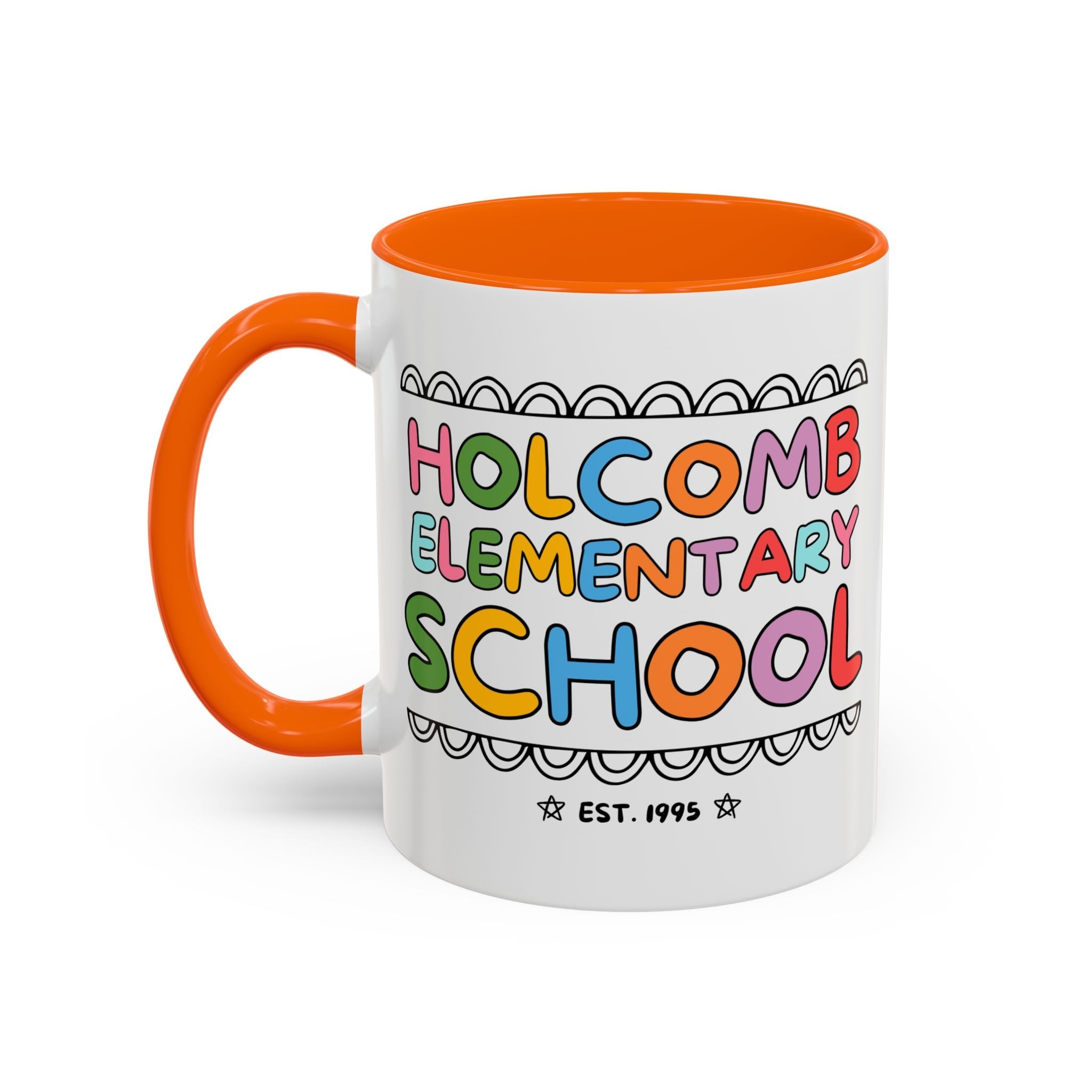 Holcomb Elementary School Coffee Mug: Rainbow Letters | FPS + Opal and June 11 Oz Coffee Mug, Fayetteville Public Schools - Opal and June