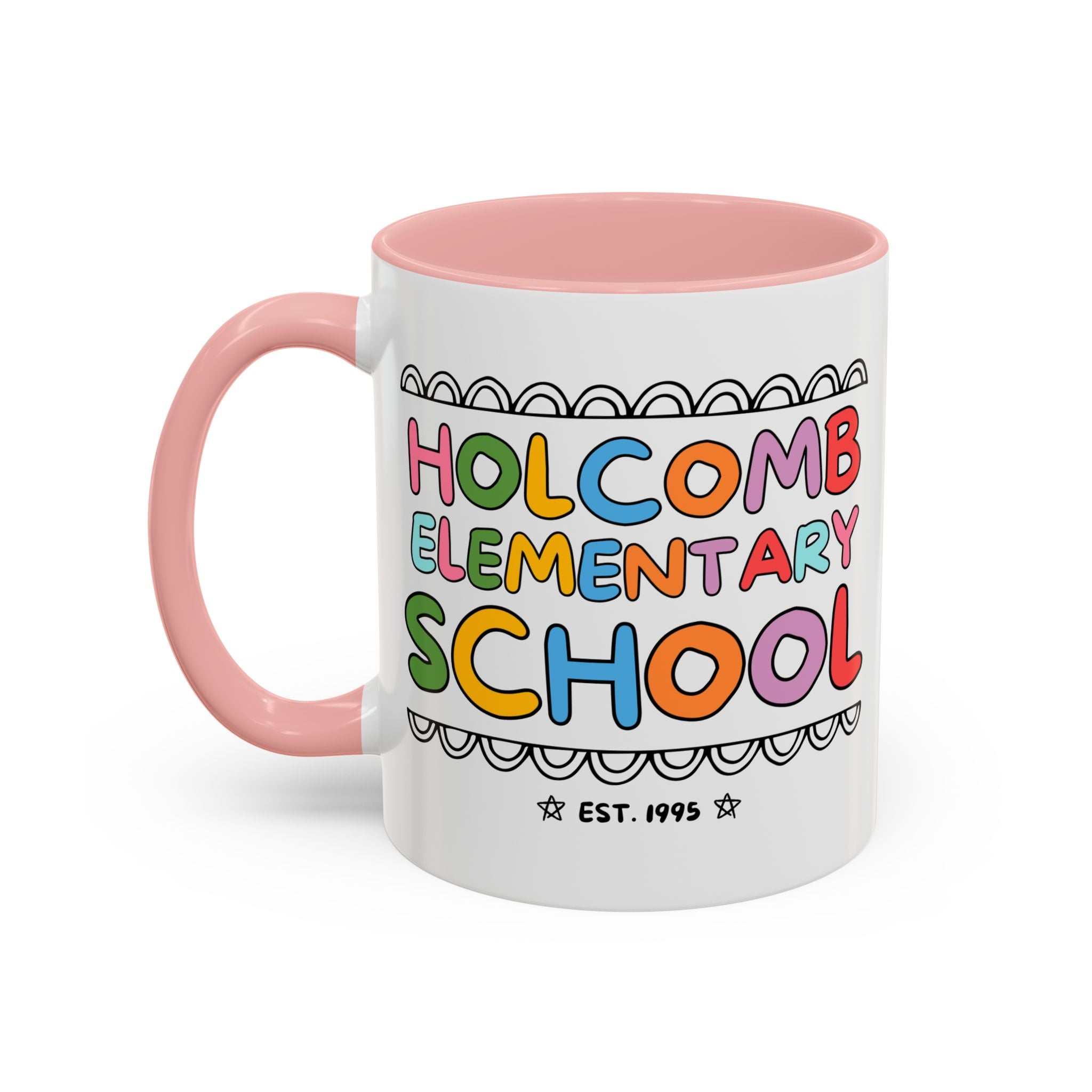 Holcomb Elementary School Coffee Mug: Rainbow Letters | FPS + Opal and June 11 Oz Coffee Mug, Fayetteville Public Schools - Opal and June