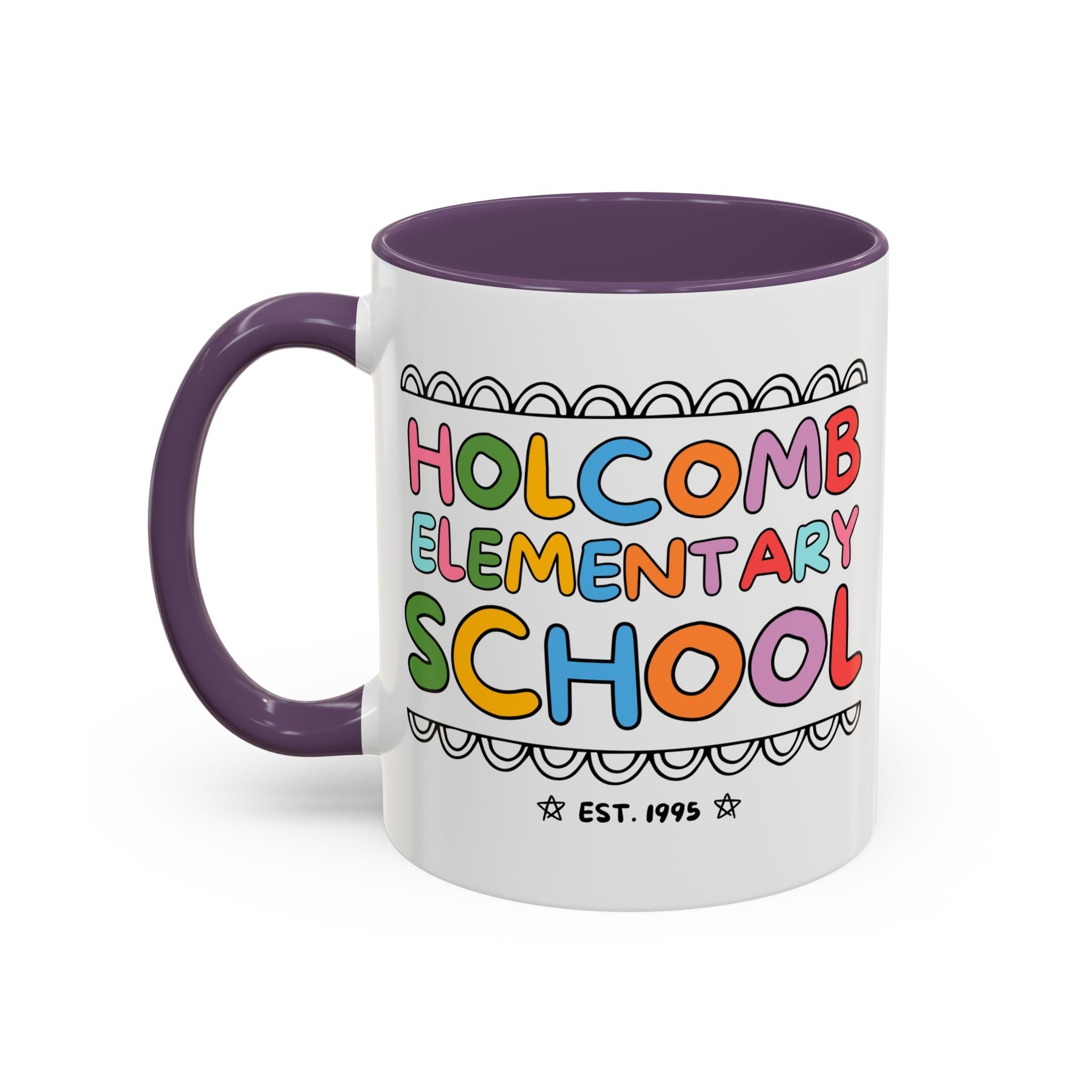 Holcomb Elementary School Coffee Mug: Rainbow Letters | FPS + Opal and June 11 Oz Coffee Mug, Fayetteville Public Schools - Opal and June