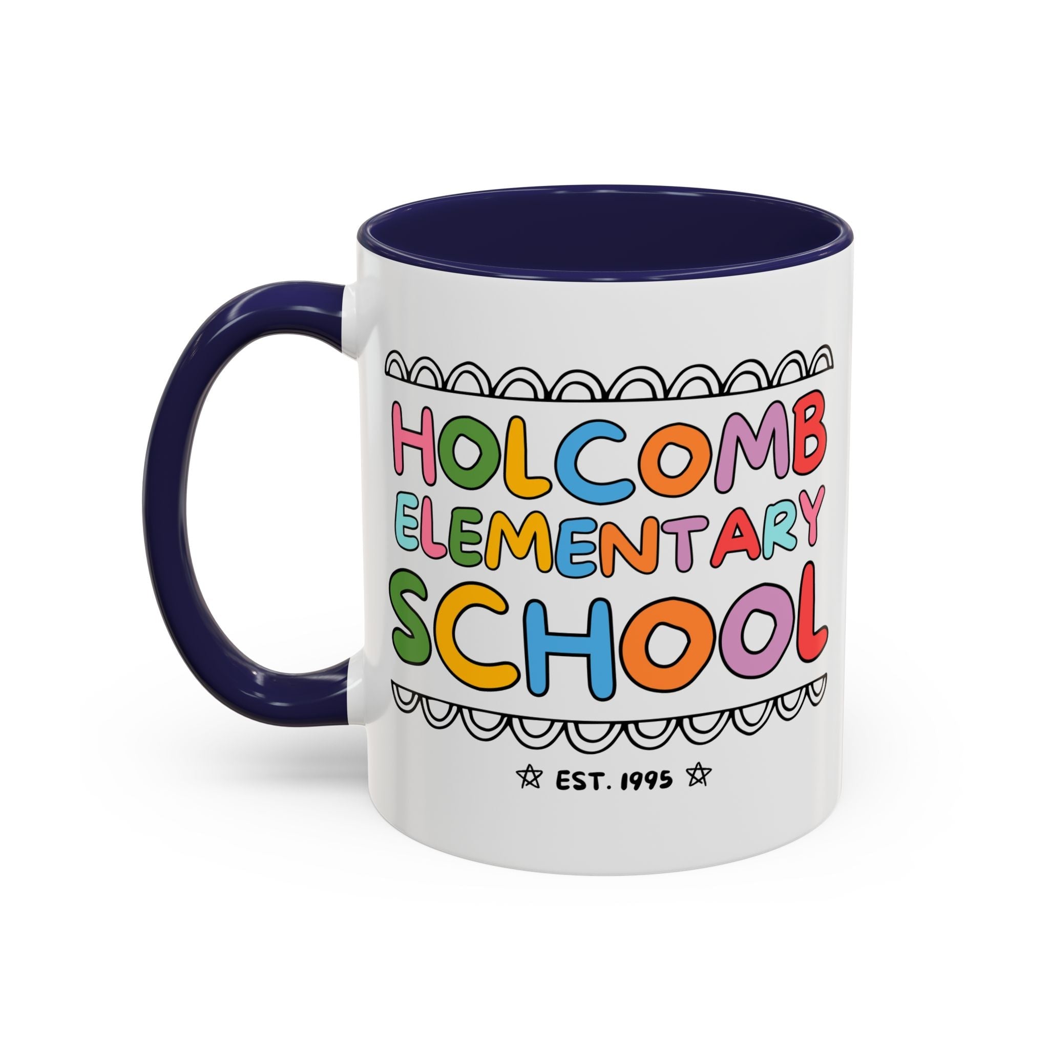 Holcomb Elementary School Coffee Mug: Rainbow Letters | FPS + Opal and June 11 Oz Coffee Mug, Fayetteville Public Schools - Opal and June