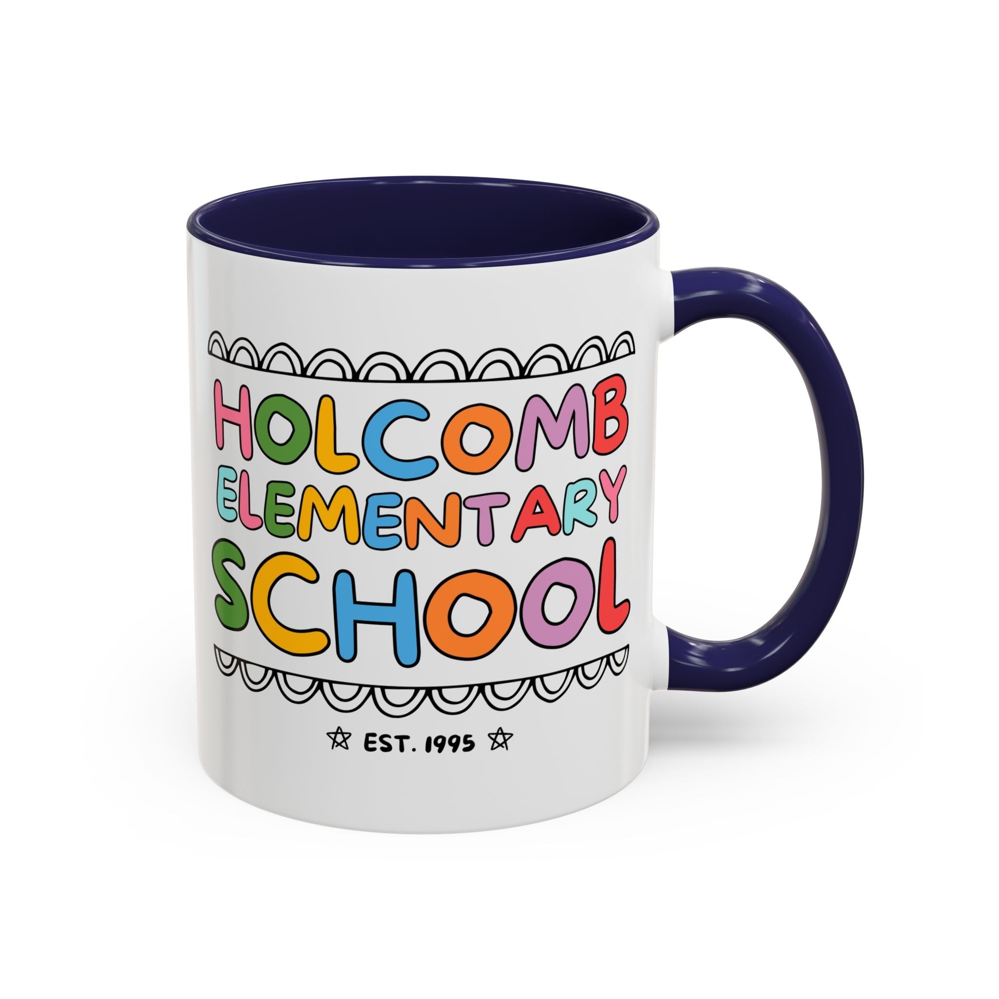 Holcomb Elementary School Coffee Mug: Rainbow Letters | FPS + Opal and June 11 Oz Coffee Mug, Fayetteville Public Schools - Opal and June