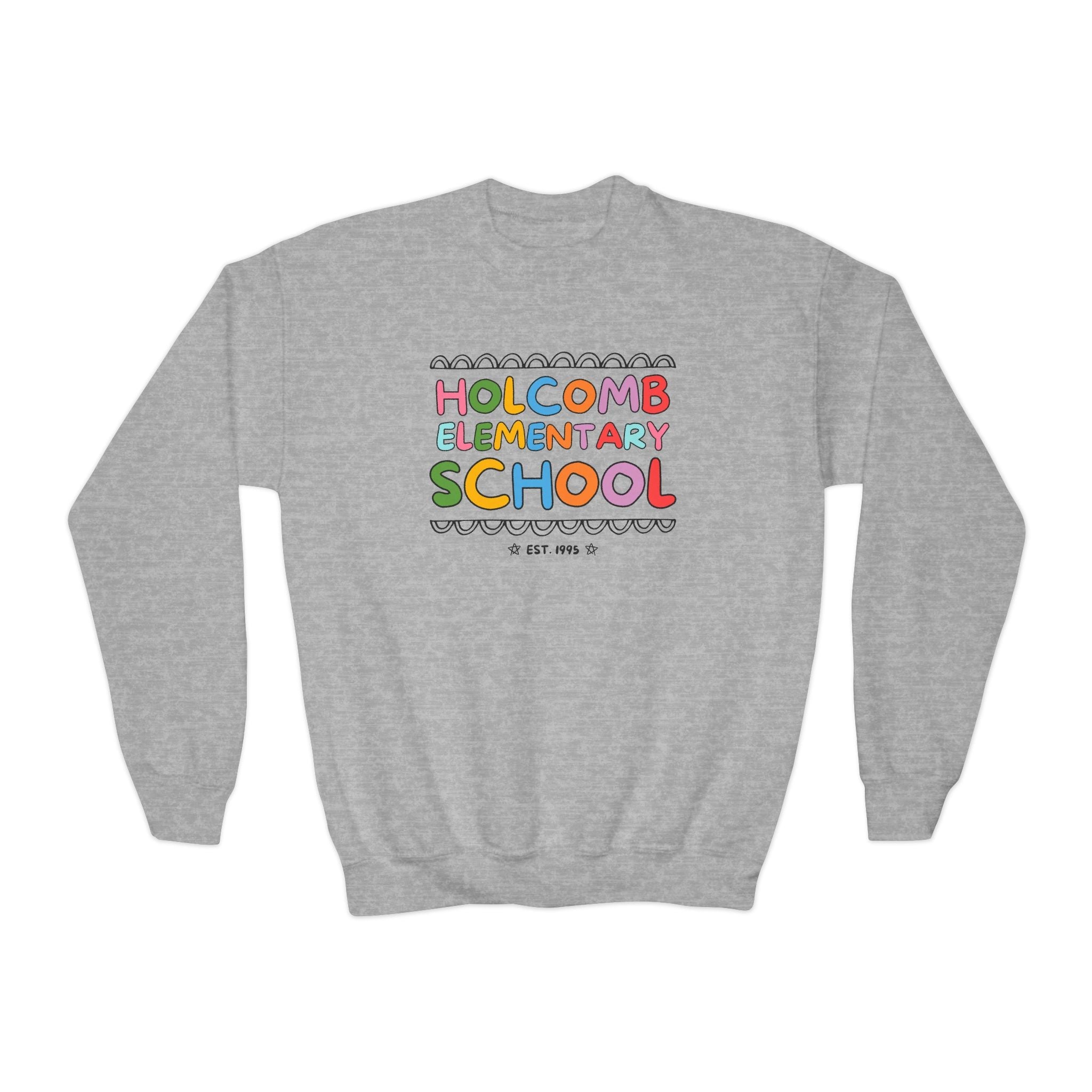 Holcomb Elementary School Kids Sweatshirt: Rainbow Letters | FPS + Opal and June Sweatshirt, Fayetteville Public Schools - Opal and June