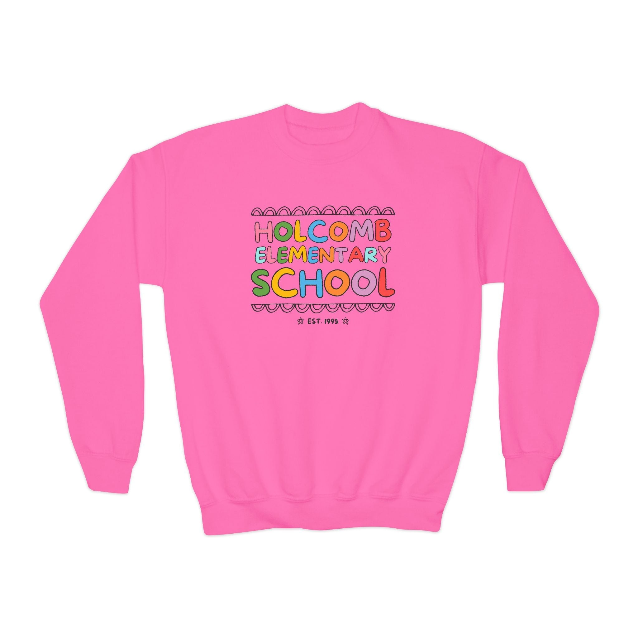 Holcomb Elementary School Kids Sweatshirt: Rainbow Letters | FPS + Opal and June Sweatshirt, Fayetteville Public Schools - Opal and June