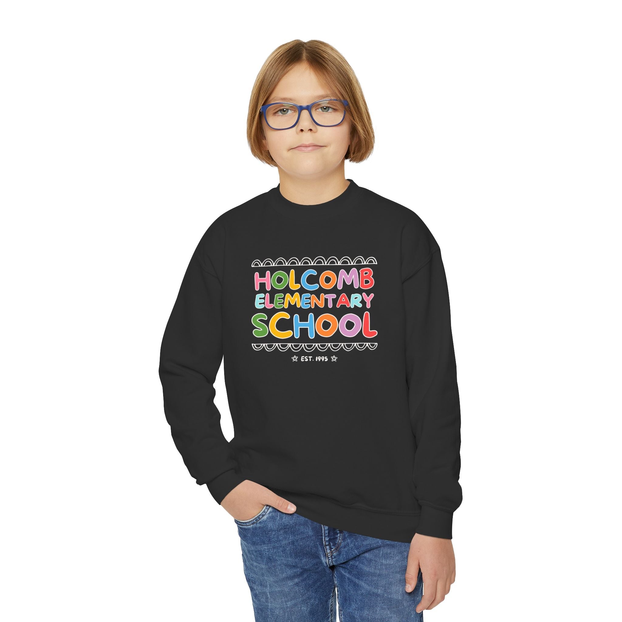 Holcomb Elementary School Kids Sweatshirt: Rainbow Letters | FPS + Opal and June Sweatshirt, Fayetteville Public Schools - Opal and June