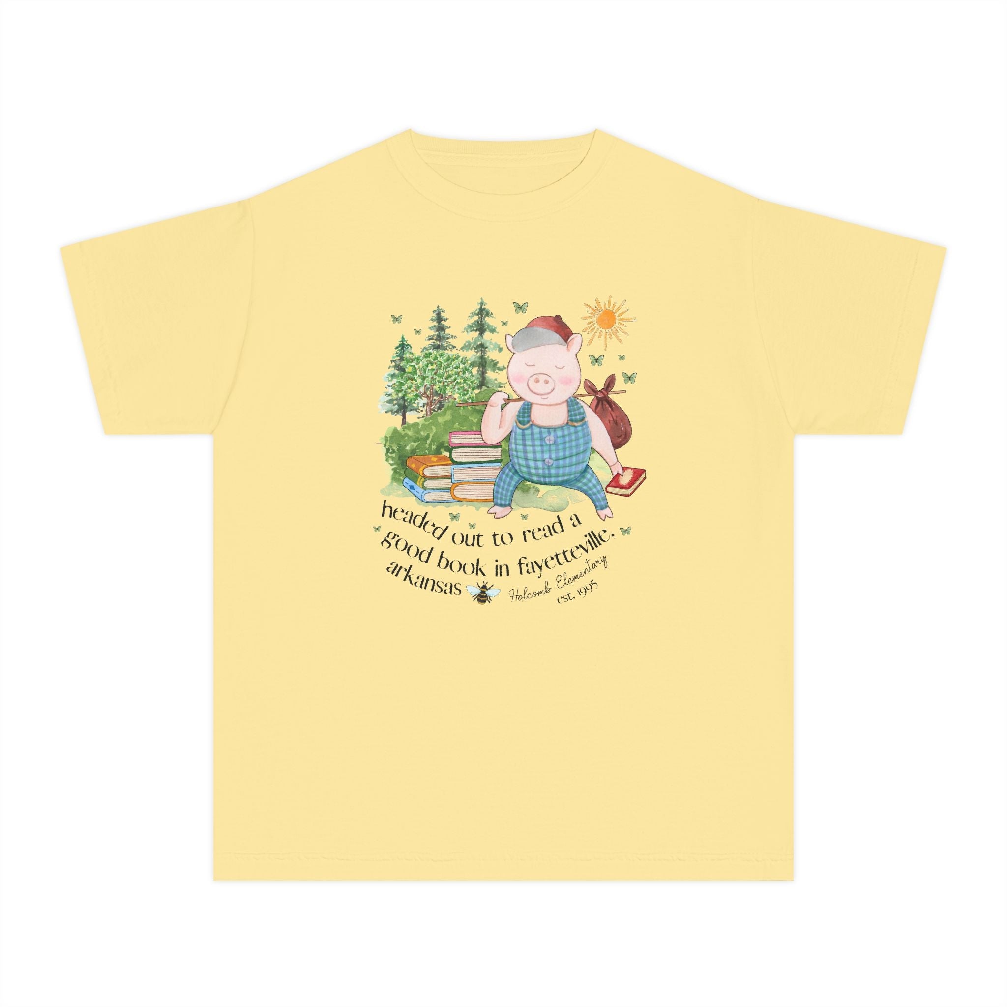 Holcomb Elementary School Kids Tee Shirt: Headed Out to Read a Good Book | FPS + Opal and June Kids Tee Shirt, Fayetteville Public Schools - Opal and June