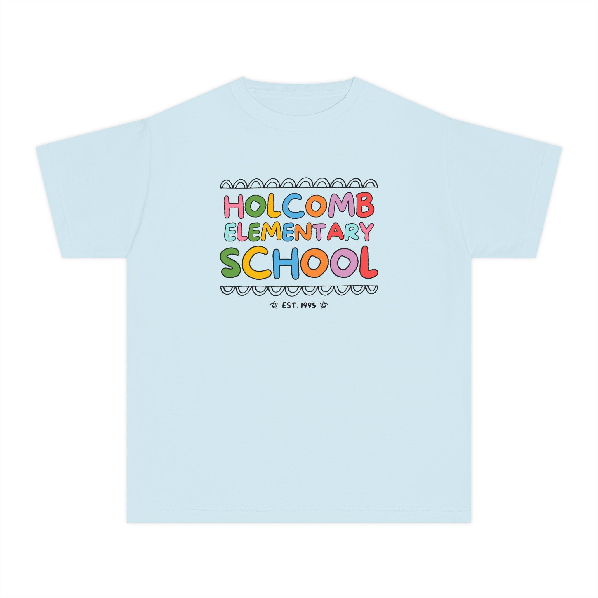 Holcomb Elementary School Kids Tee Shirt: Rainbow Letters | FPS + Opal and June T-Shirt, Fayetteville Public Schools - Opal and June