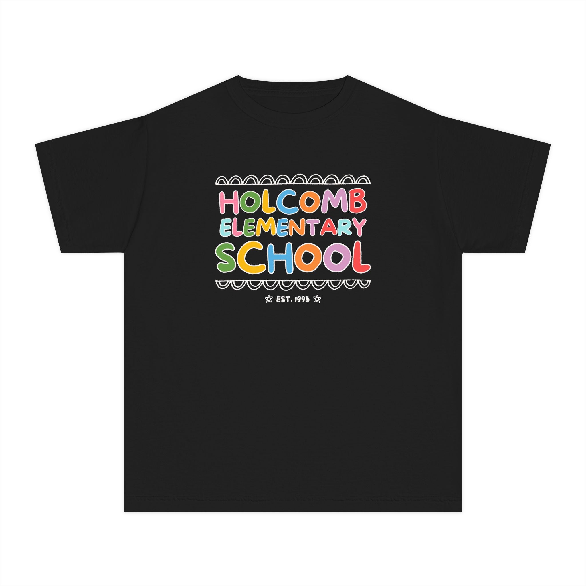 Holcomb Elementary School Kids Tee Shirt: Rainbow Letters | FPS + Opal and June T-Shirt, Fayetteville Public Schools - Opal and June