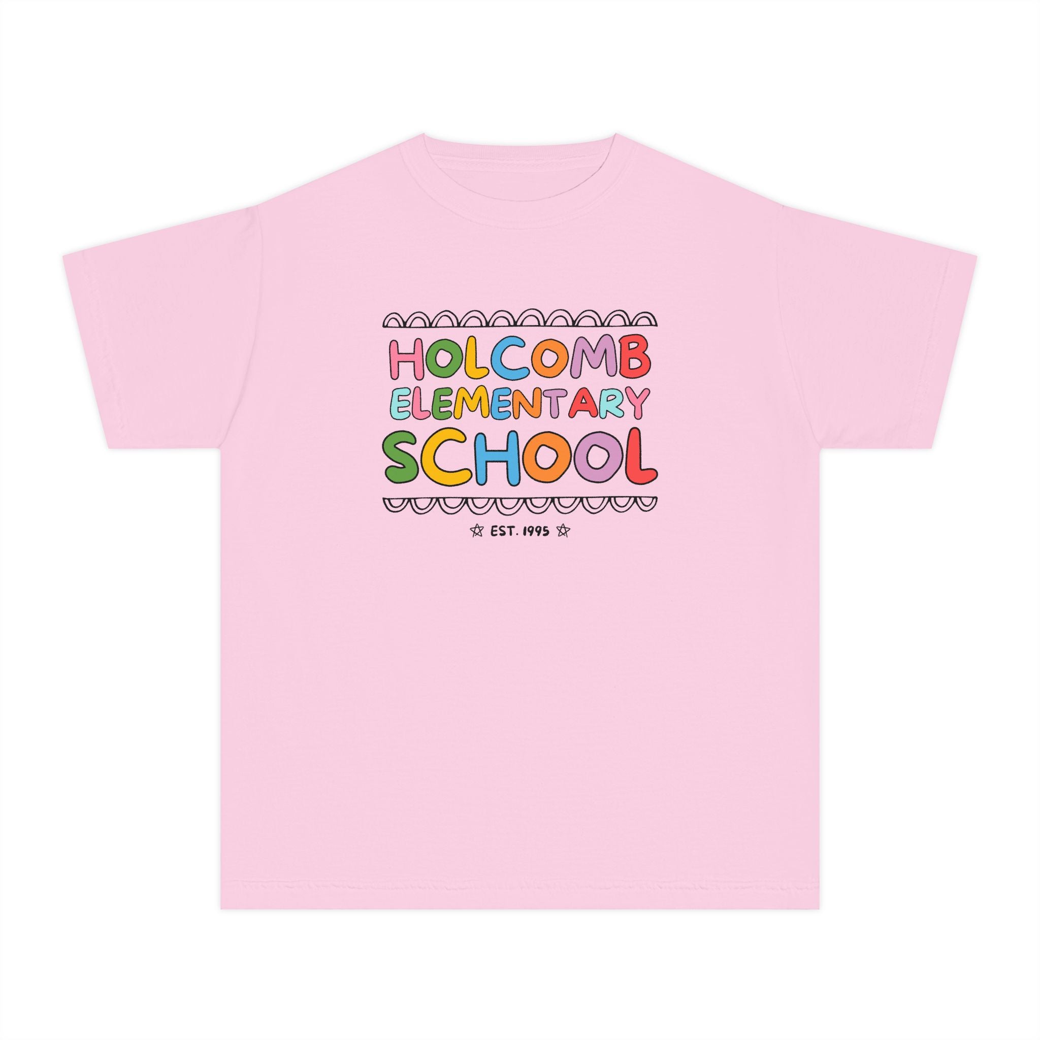 Holcomb Elementary School Kids Tee Shirt: Rainbow Letters | FPS + Opal and June T-Shirt, Fayetteville Public Schools - Opal and June
